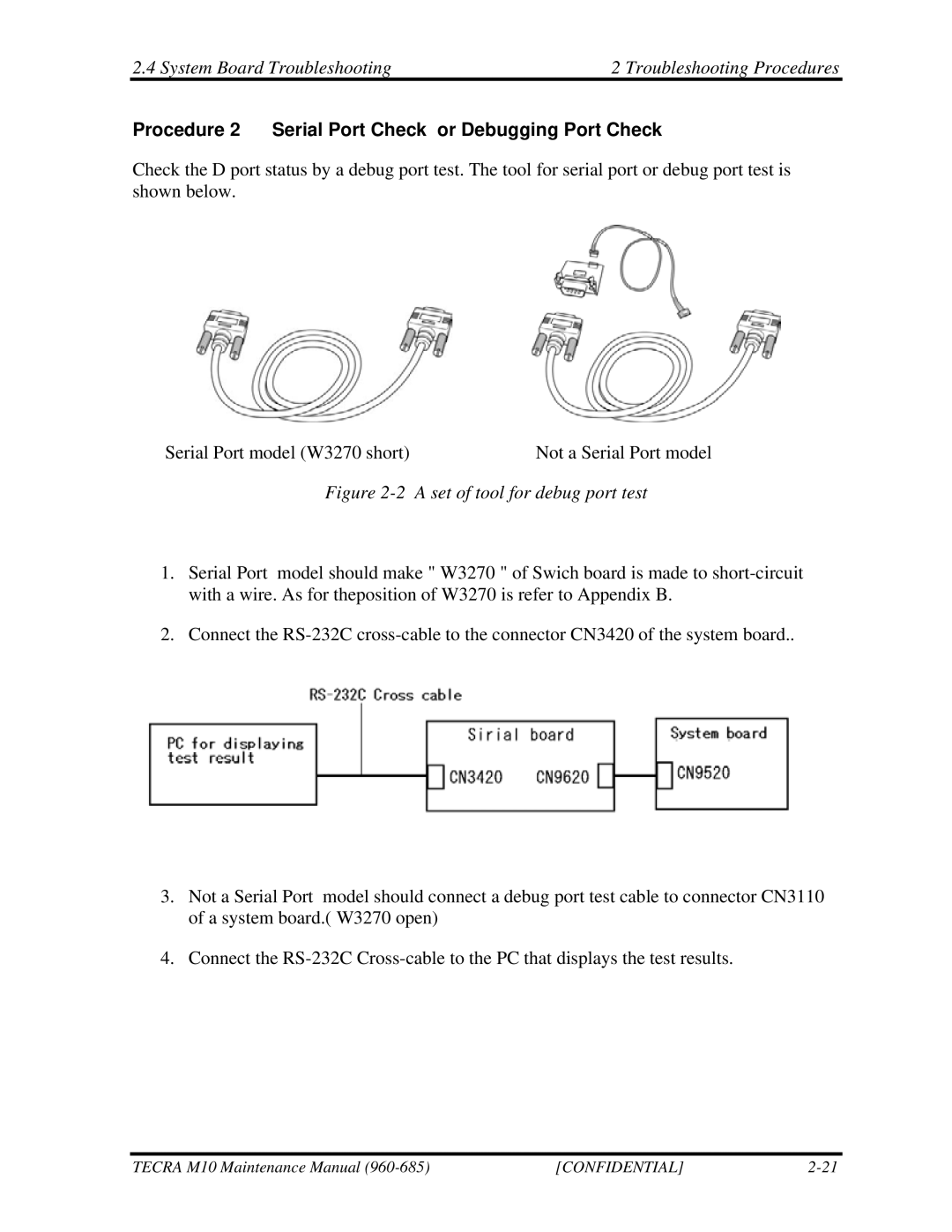 Toshiba M10, TECRA manual Procedure 2 Serial Port Check or Debugging Port Check, A set of tool for debug port test 