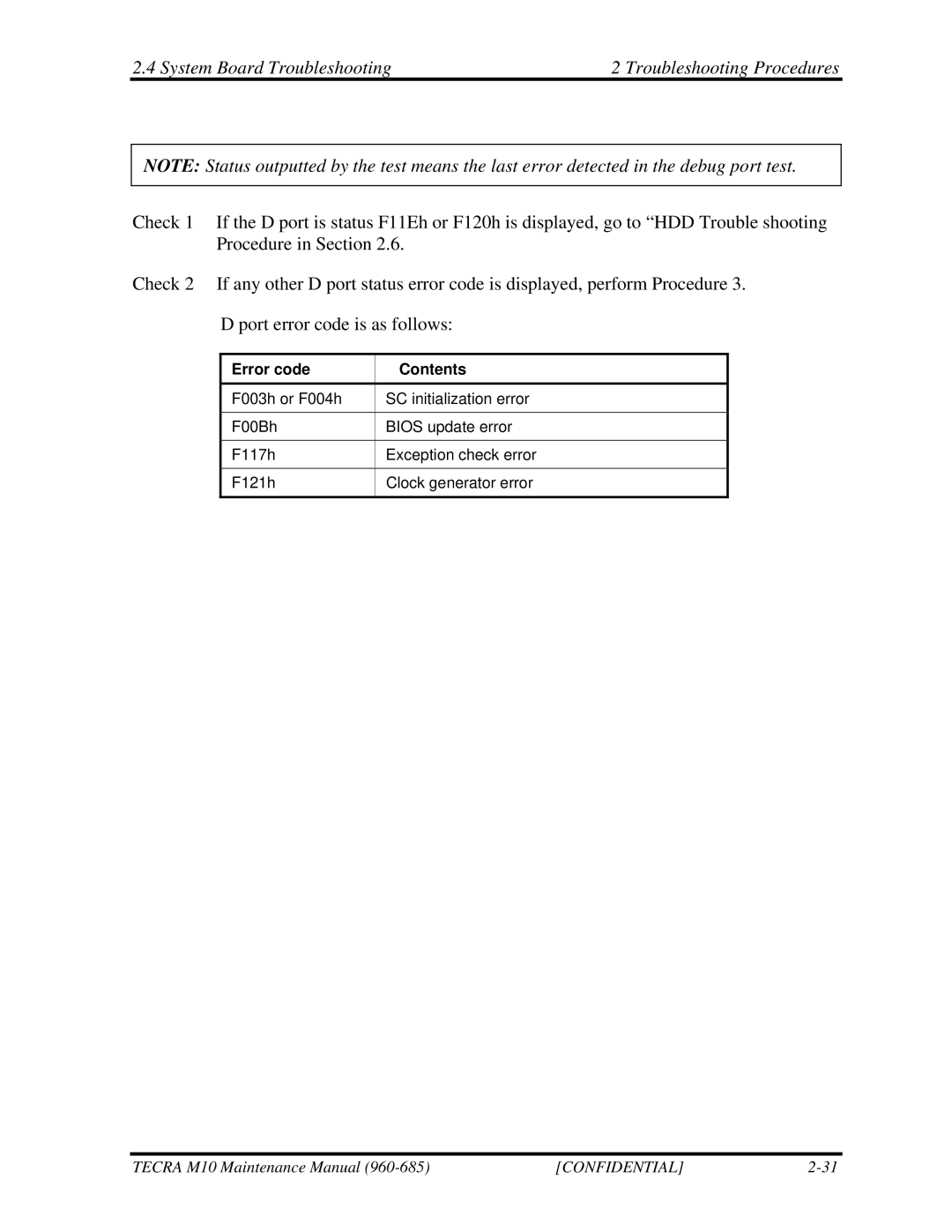 Toshiba M10, TECRA manual Error code Contents 