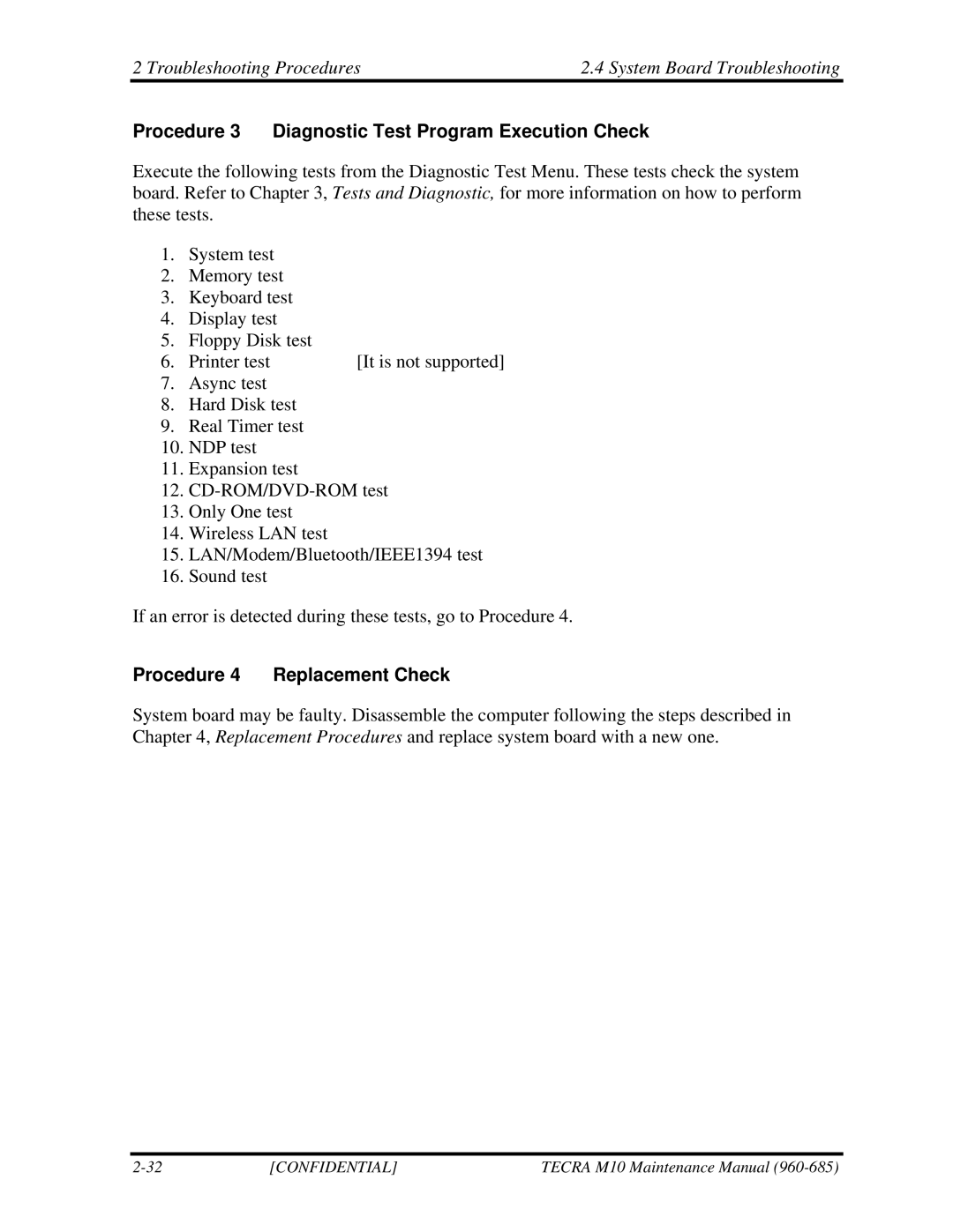 Toshiba TECRA, M10 manual Procedure 3 Diagnostic Test Program Execution Check, Procedure 4 Replacement Check 