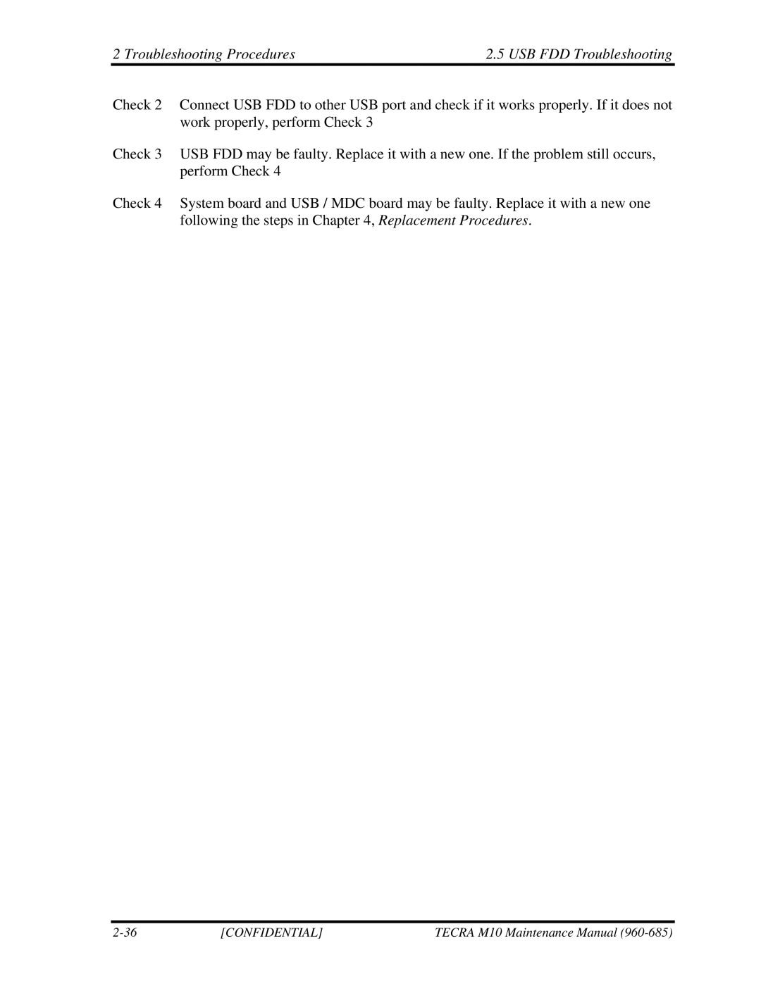 Toshiba TECRA, M10 manual Troubleshooting Procedures USB FDD Troubleshooting 