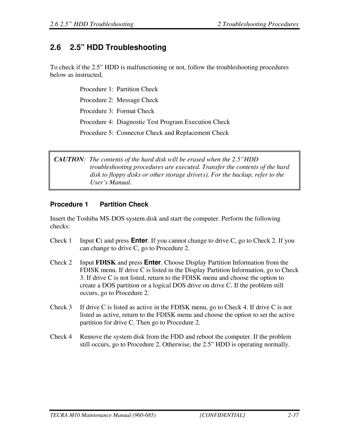 Toshiba M10, TECRA manual HDD Troubleshooting Troubleshooting Procedures, Procedure 1 Partition Check 