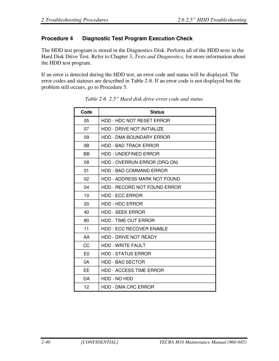 Toshiba TECRA, M10 manual Procedure 4 Diagnostic Test Program Execution Check, Hard disk drive error code and status 