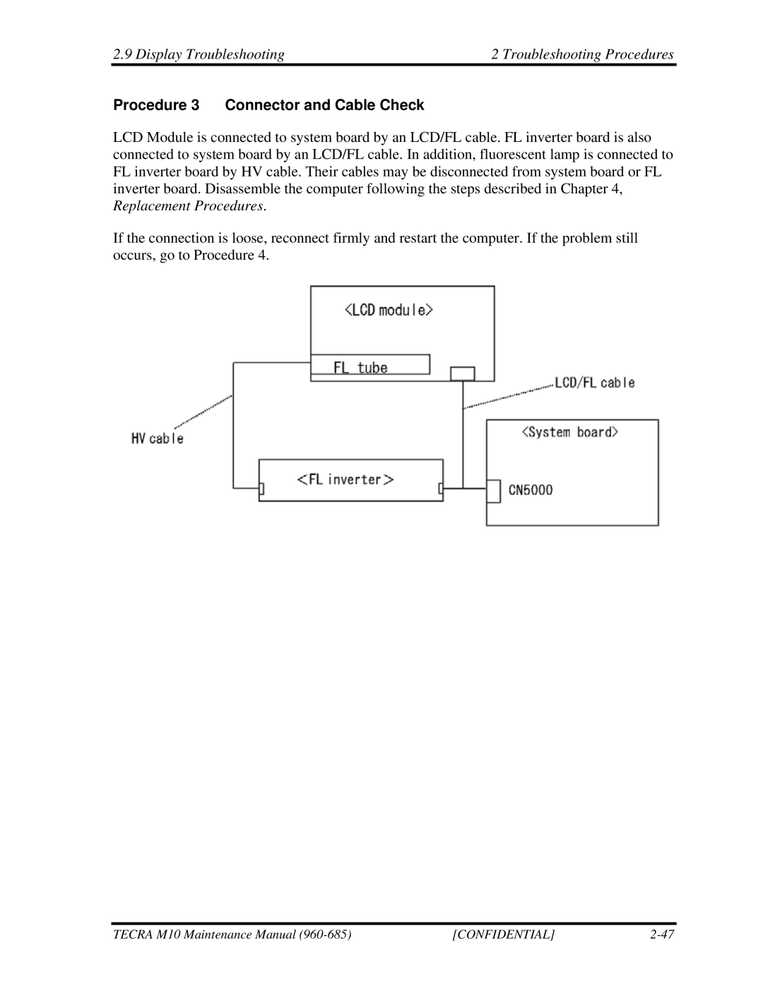 Toshiba M10, TECRA manual Display Troubleshooting Troubleshooting Procedures, Procedure 3 Connector and Cable Check 