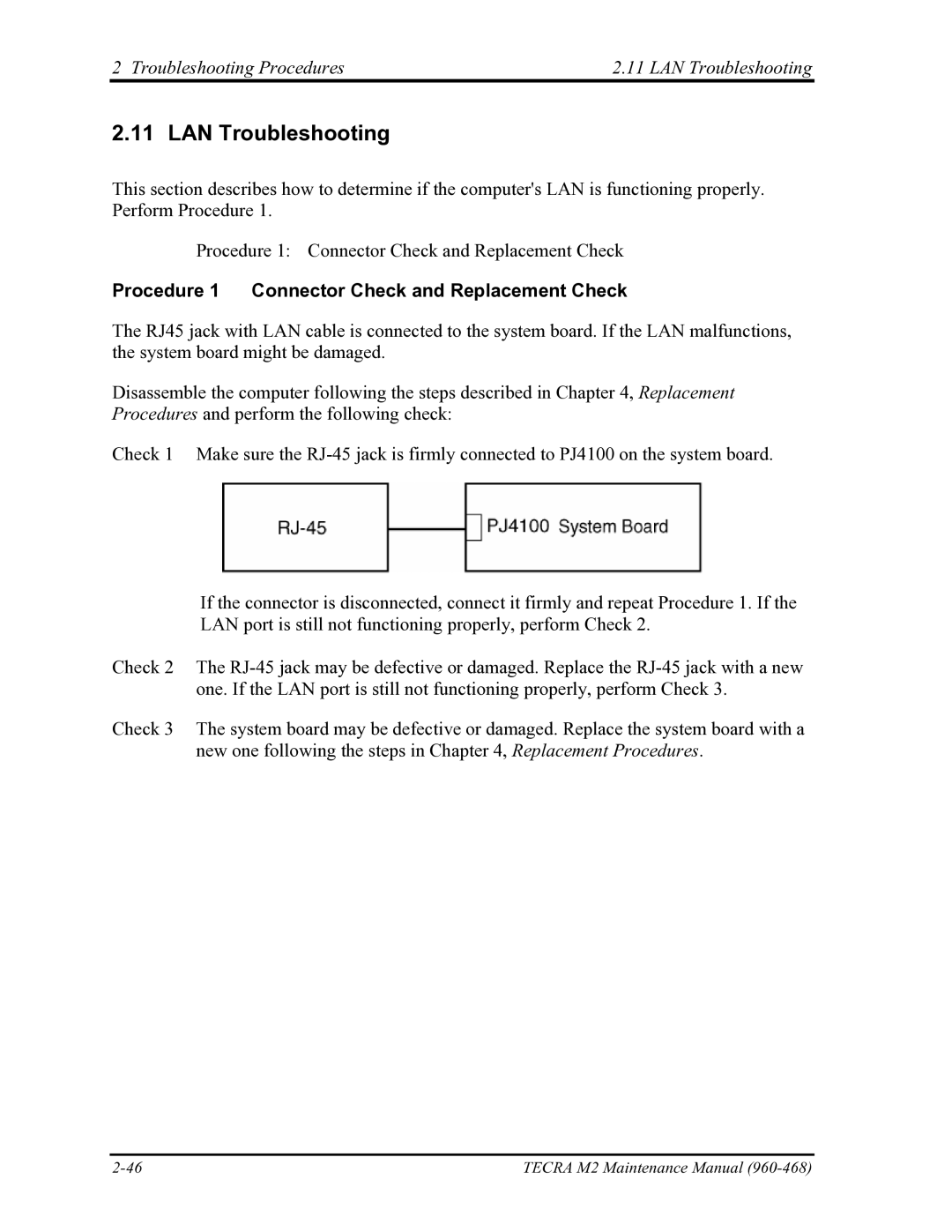 Toshiba tecra m2 Troubleshooting Procedures LAN Troubleshooting, Procedure 1 Connector Check and Replacement Check 