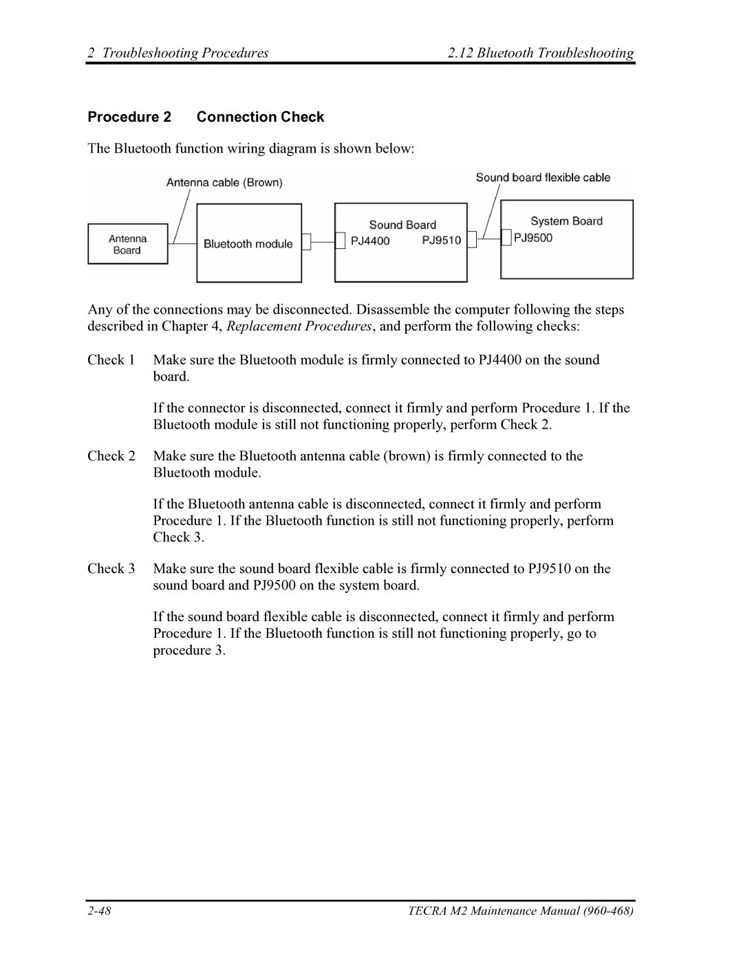 Toshiba tecra m2 manual Troubleshooting Procedures Bluetooth Troubleshooting, Procedure 2 Connection Check 