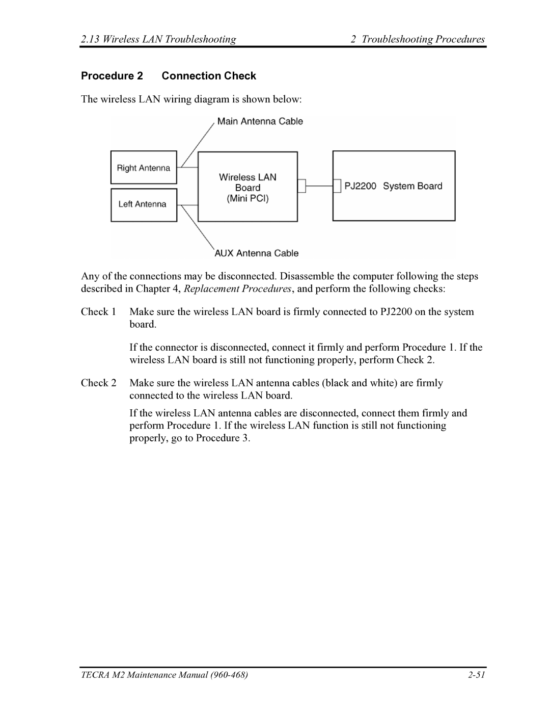 Toshiba tecra m2 manual Wireless LAN Troubleshooting Troubleshooting Procedures, Procedure 2 Connection Check 