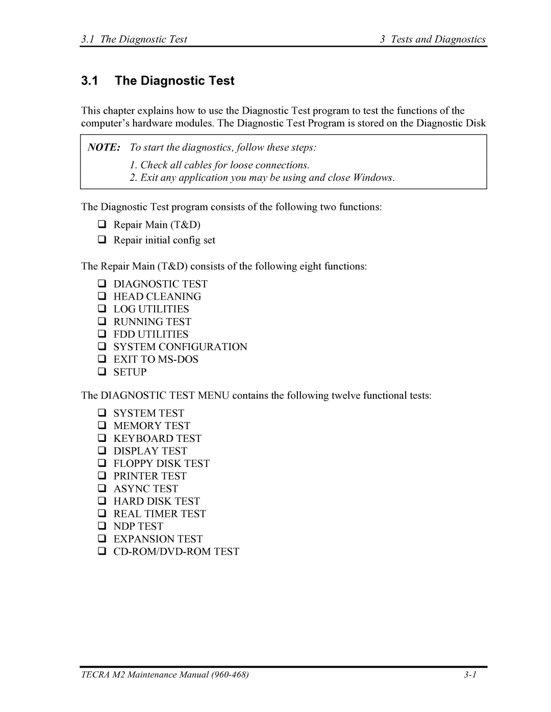 Toshiba tecra m2 manual Diagnostic Test Tests and Diagnostics 