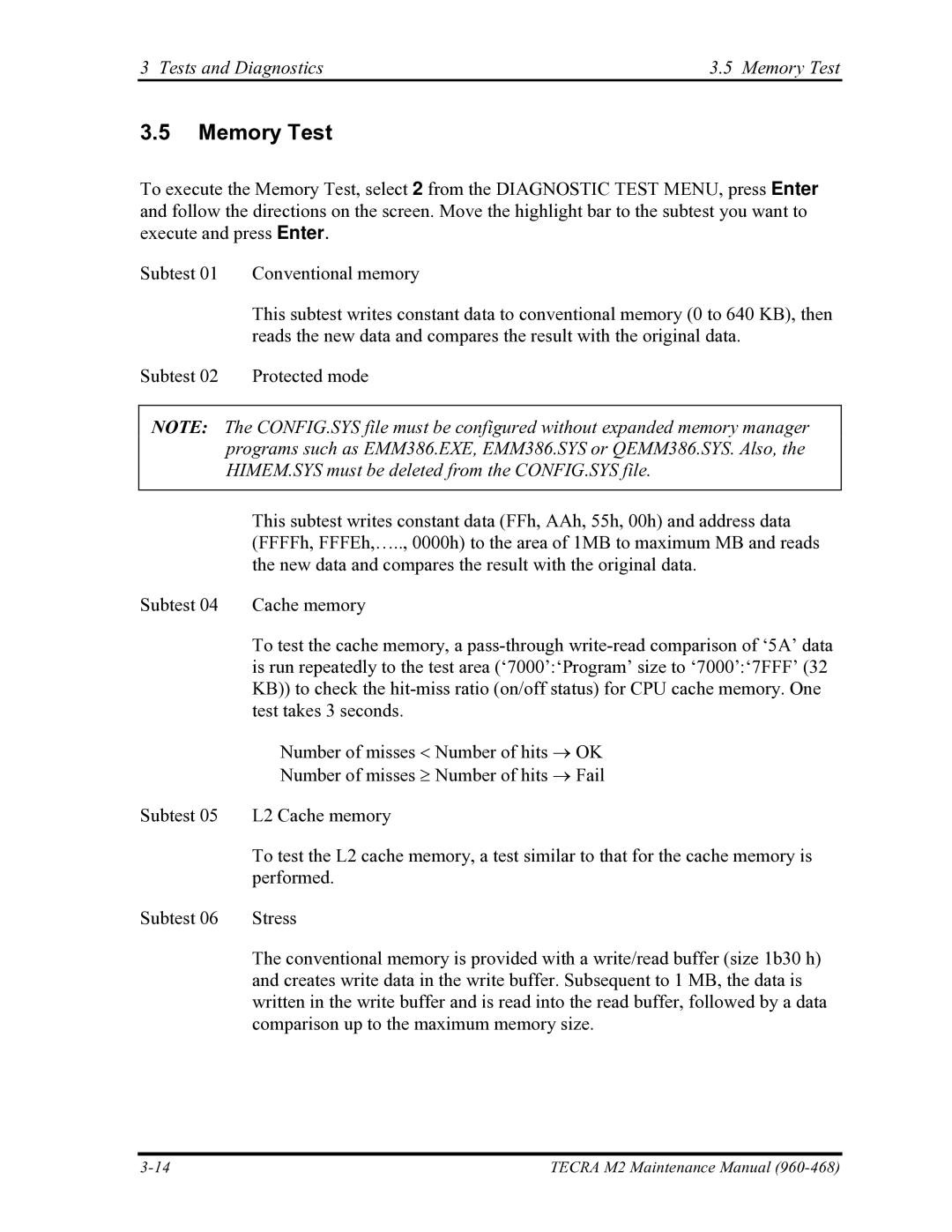 Toshiba tecra m2 manual Tests and Diagnostics Memory Test 