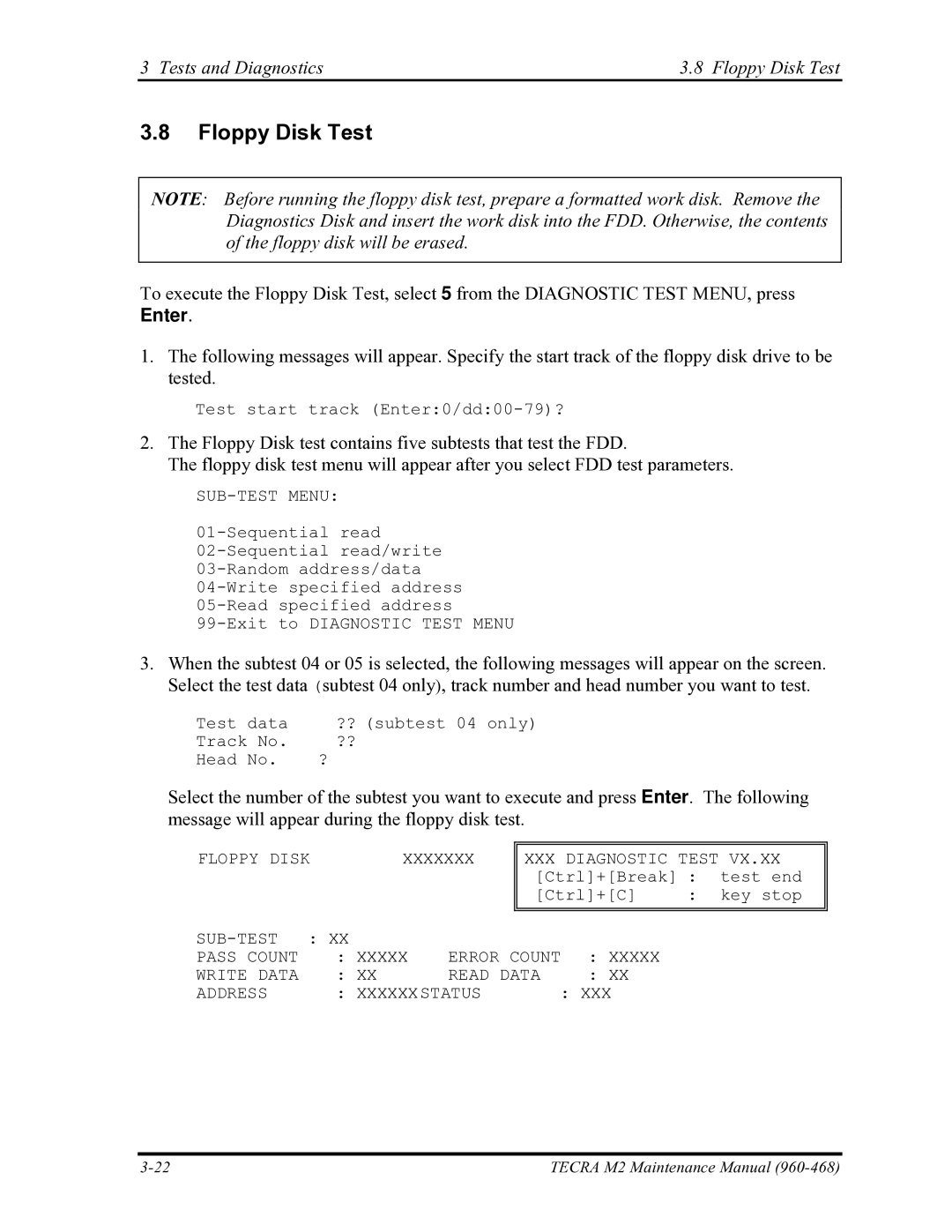 Toshiba tecra m2 manual Tests and Diagnostics Floppy Disk Test 