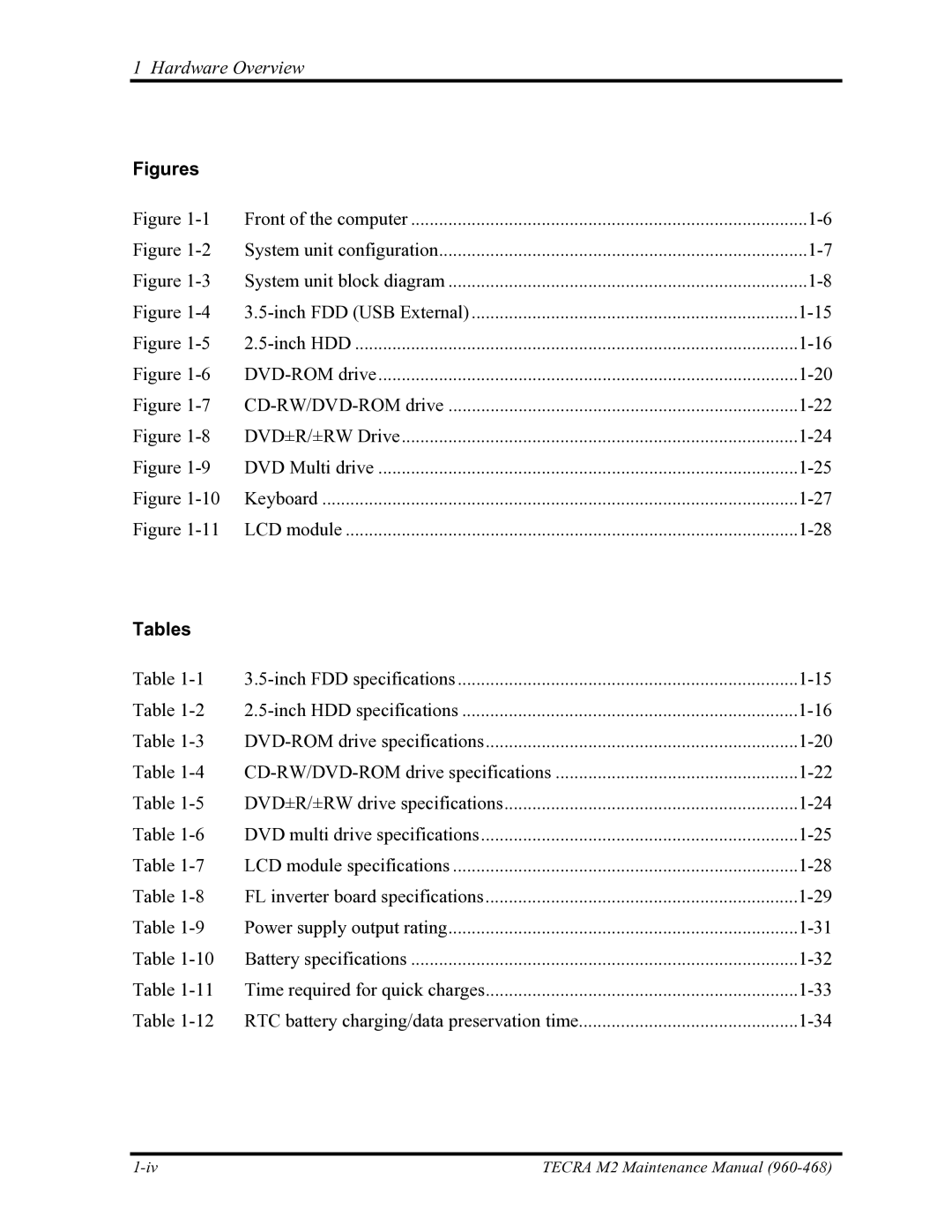 Toshiba tecra m2 manual Figures, Tables 