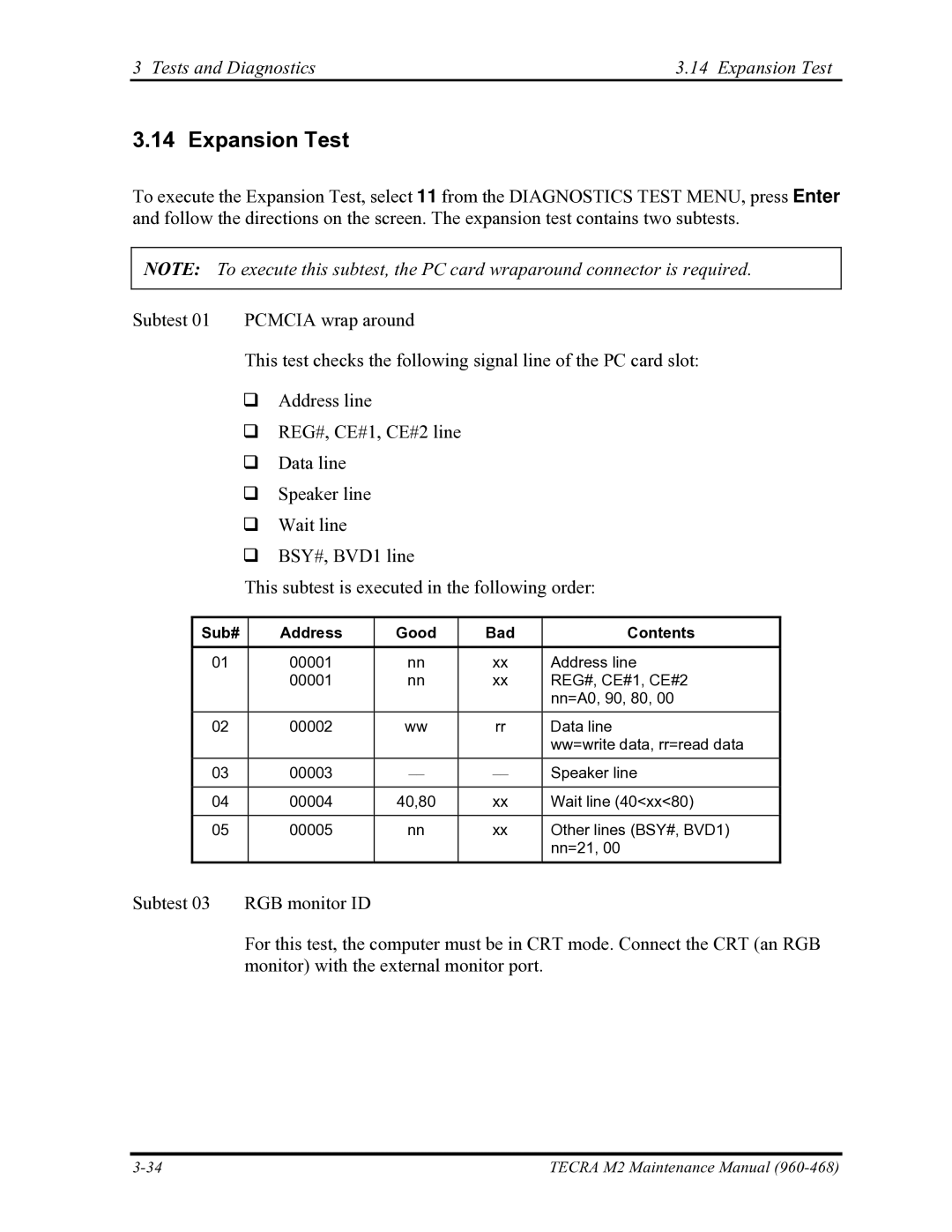 Toshiba tecra m2 manual Tests and Diagnostics Expansion Test, Sub# Address Good Bad Contents 