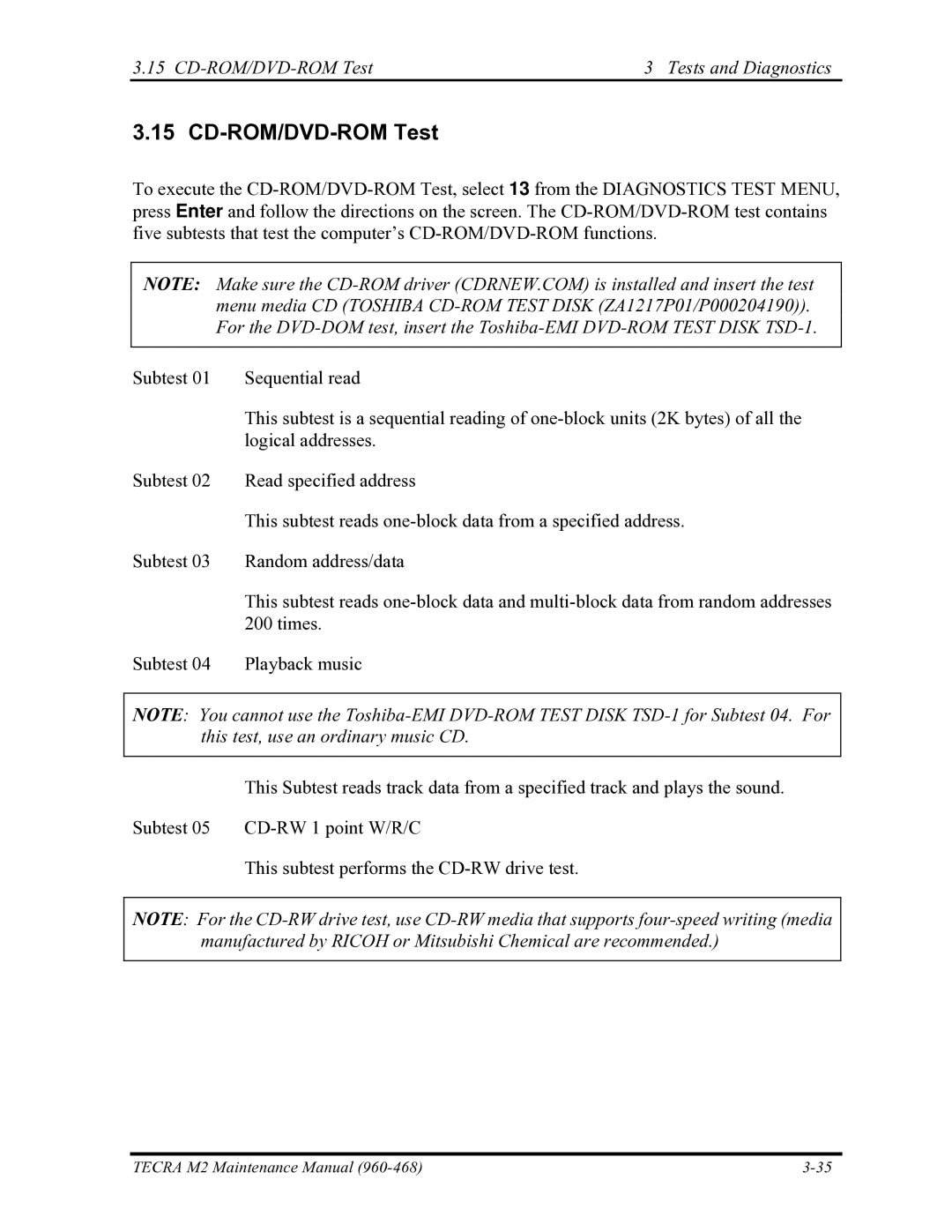 Toshiba tecra m2 manual CD-ROM/DVD-ROM Test Tests and Diagnostics 