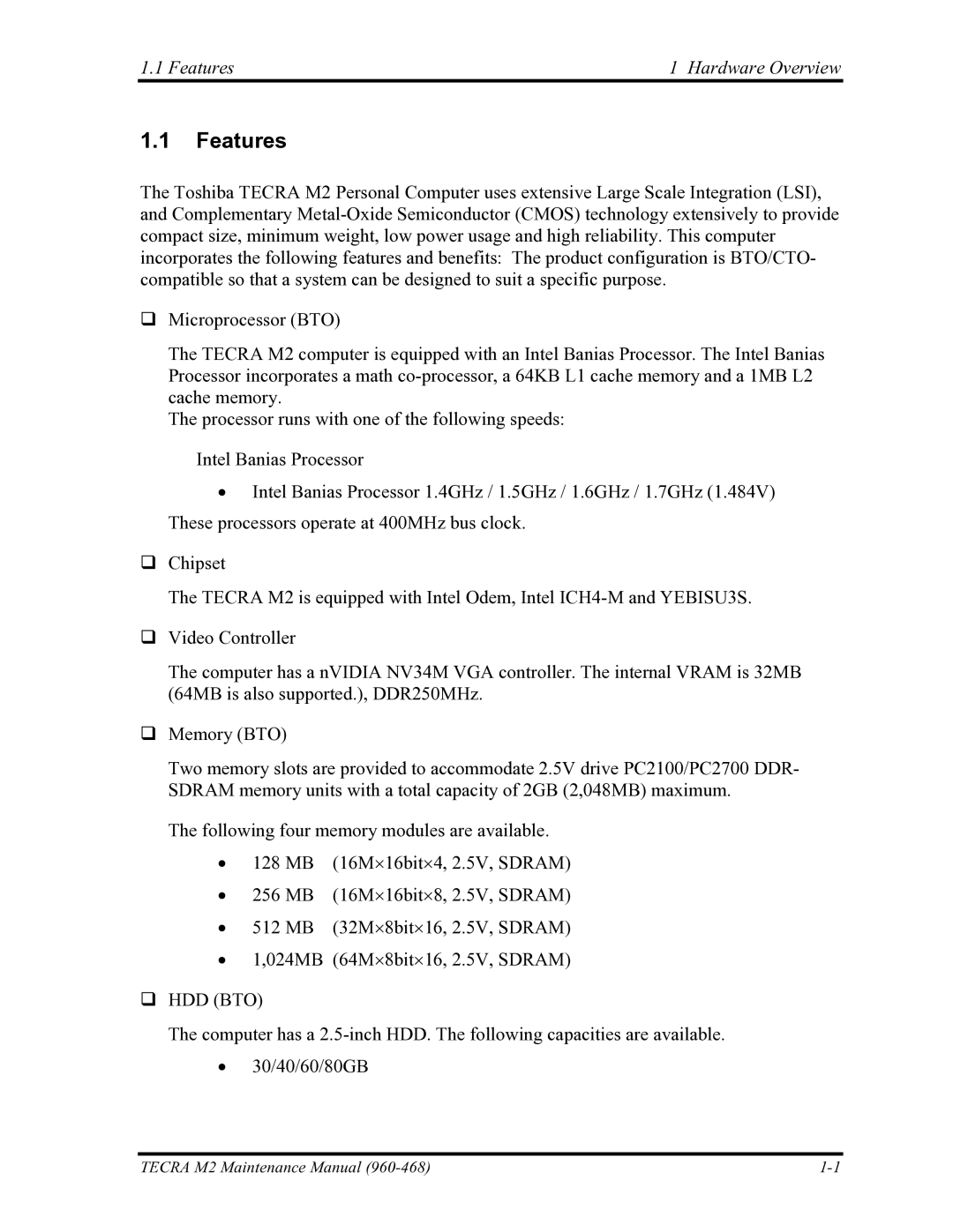 Toshiba tecra m2 manual Features Hardware Overview 