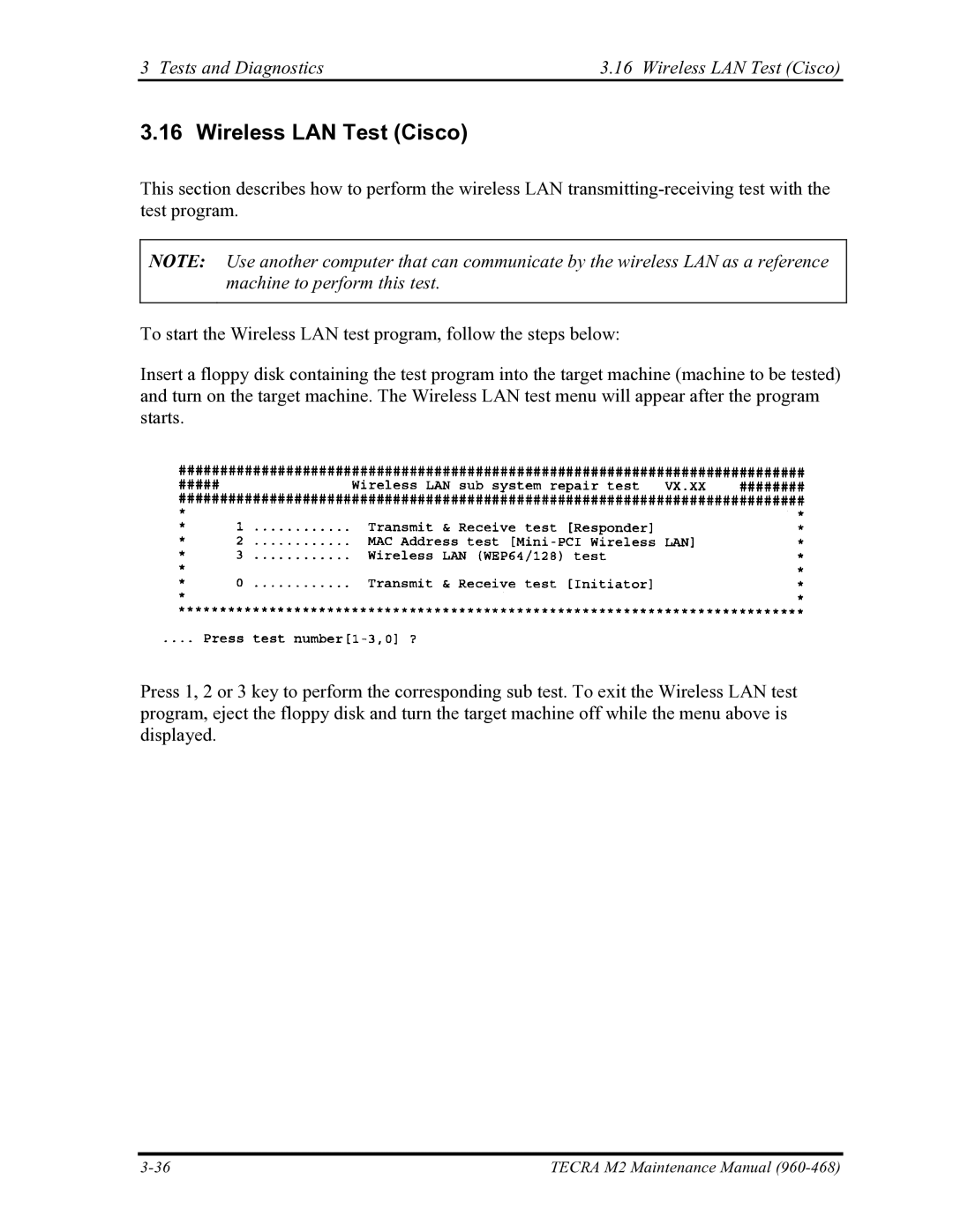 Toshiba tecra m2 manual Tests and Diagnostics Wireless LAN Test Cisco 