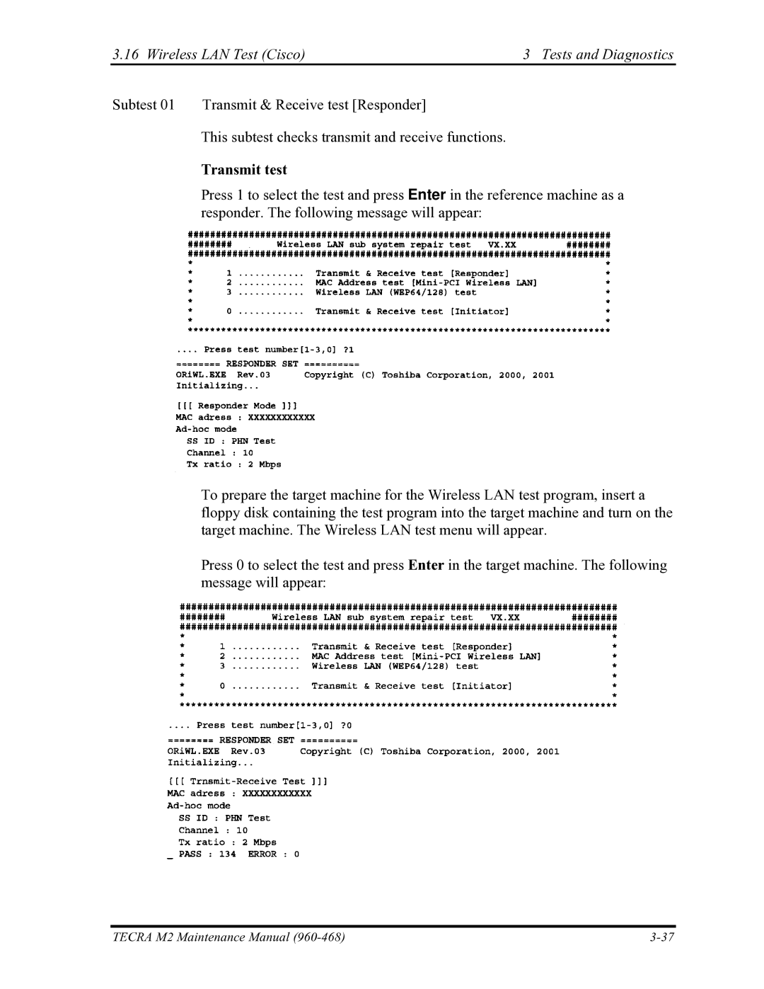 Toshiba tecra m2 manual Wireless LAN Test Cisco Tests and Diagnostics, Transmit test 