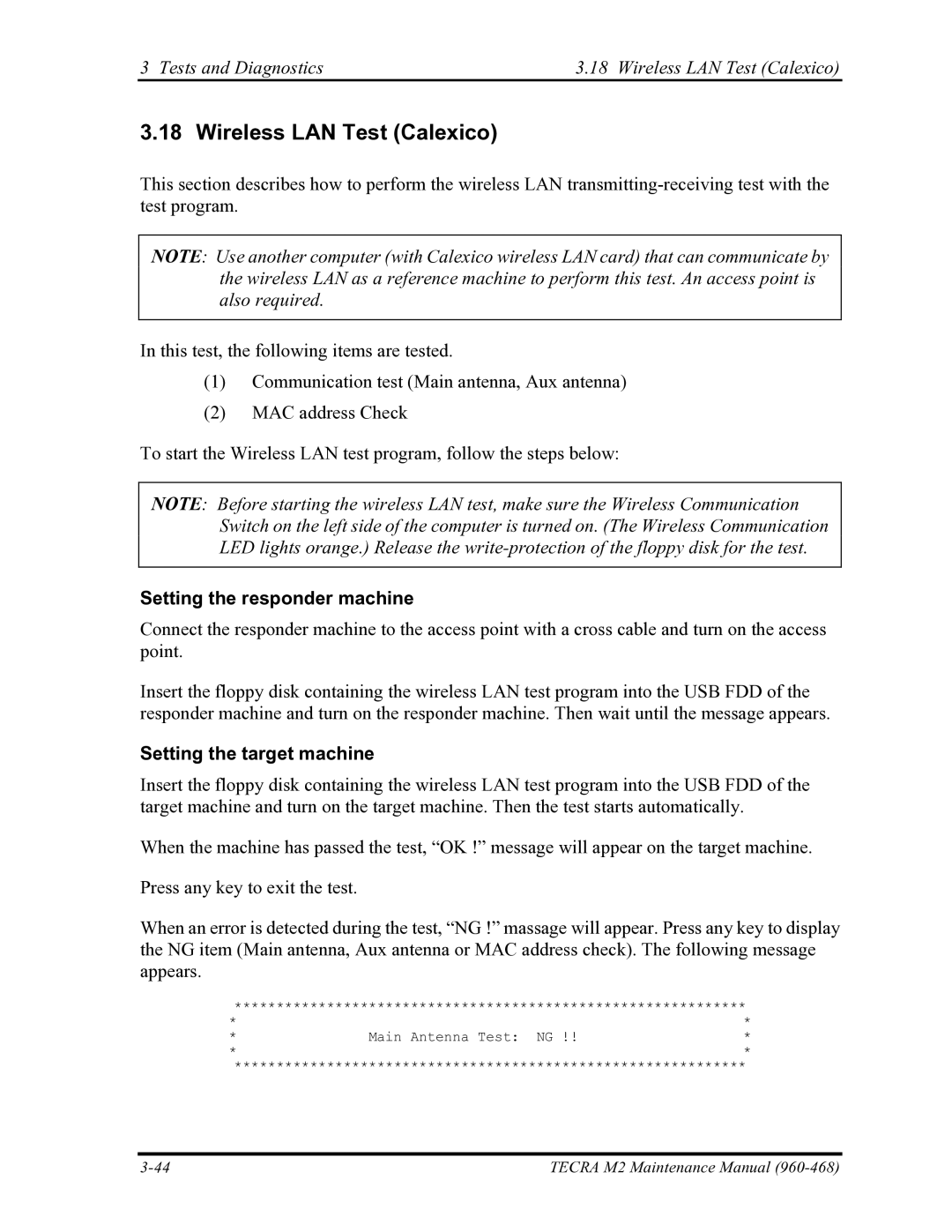 Toshiba tecra m2 manual Tests and Diagnostics Wireless LAN Test Calexico, Setting the target machine 