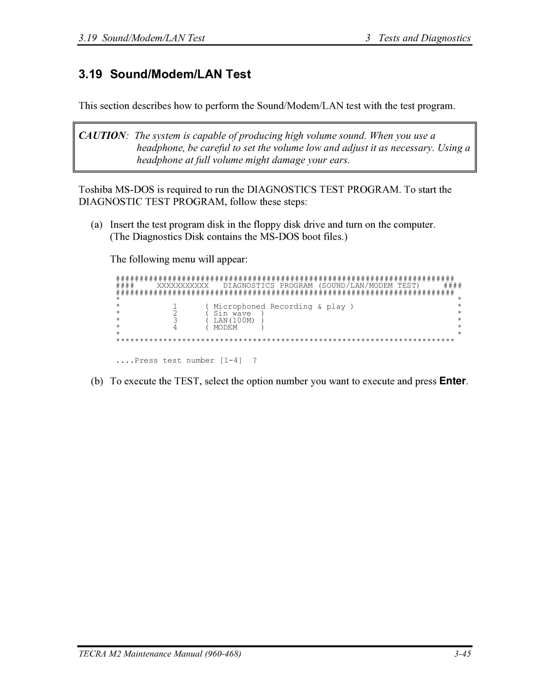 Toshiba tecra m2 manual Sound/Modem/LAN Test Tests and Diagnostics 