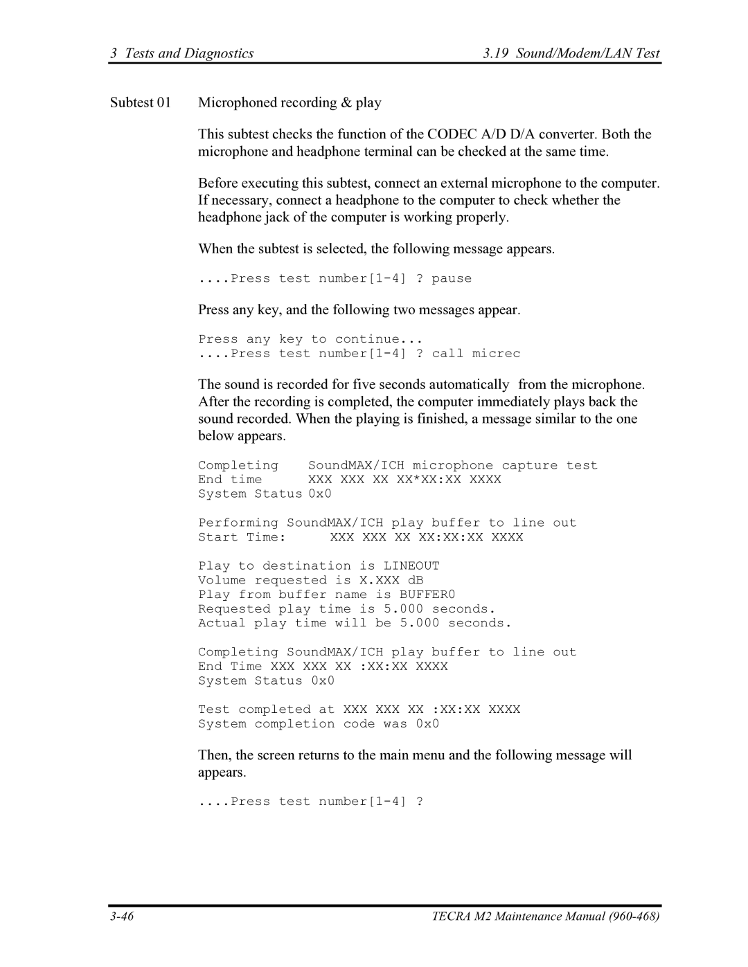 Toshiba tecra m2 manual Tests and Diagnostics Sound/Modem/LAN Test, XXX XXX XX Xxxxxx 