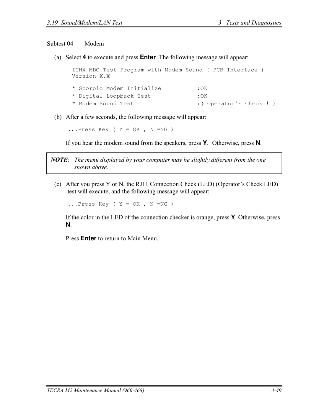 Toshiba tecra m2 manual Sound/Modem/LAN Test Tests and Diagnostics Subtest 