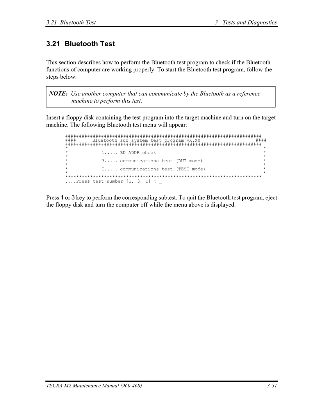 Toshiba tecra m2 manual Bluetooth Test Tests and Diagnostics 