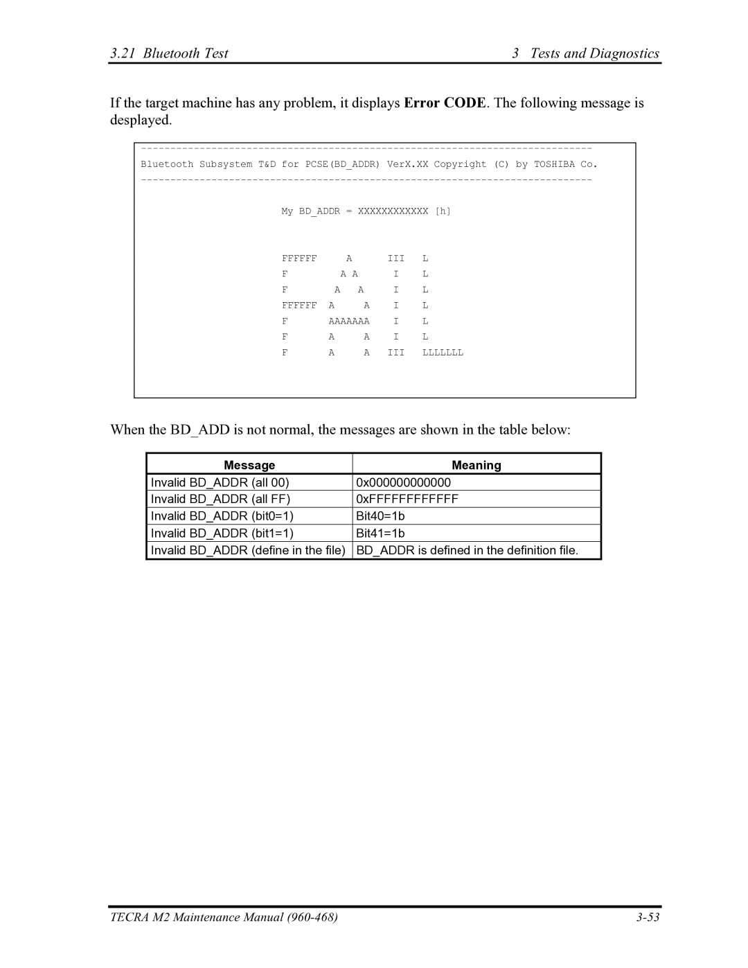 Toshiba tecra m2 manual Bluetooth Test3 Tests and Diagnostics, Message Meaning 