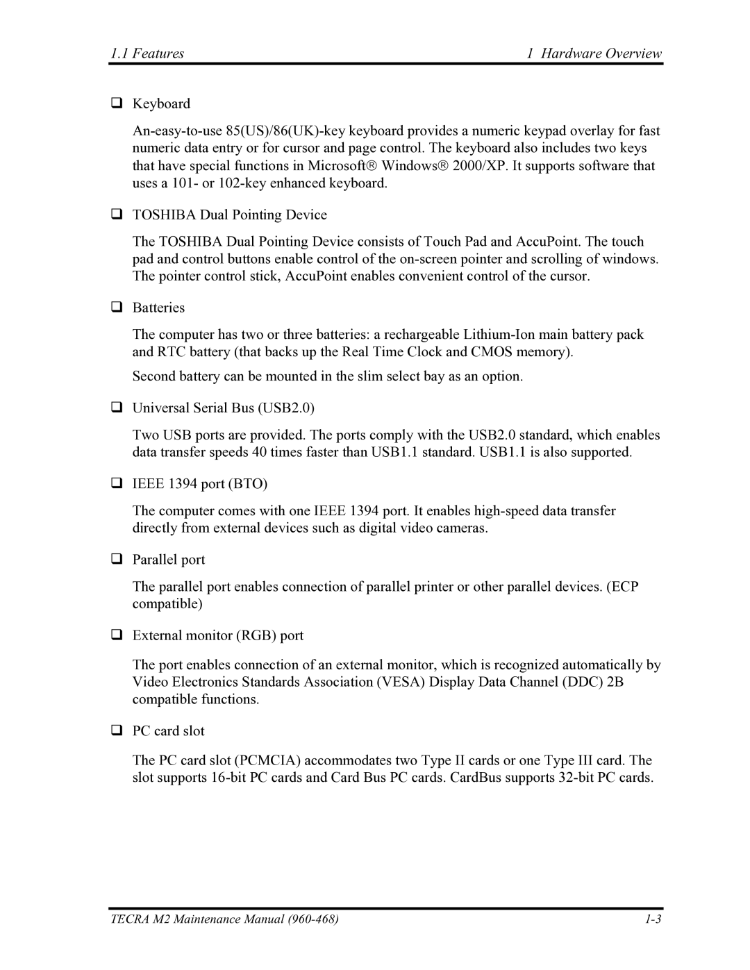 Toshiba tecra m2 manual Features Hardware Overview 