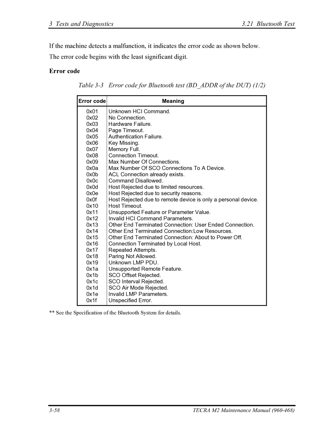 Toshiba tecra m2 manual Tests and Diagnostics Bluetooth Test, Error code for Bluetooth test Bdaddr of the DUT 1/2 