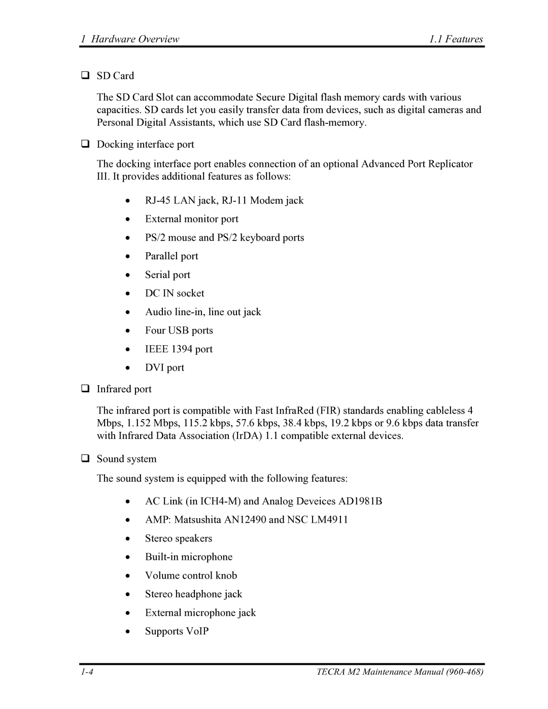 Toshiba tecra m2 manual Hardware Overview Features 