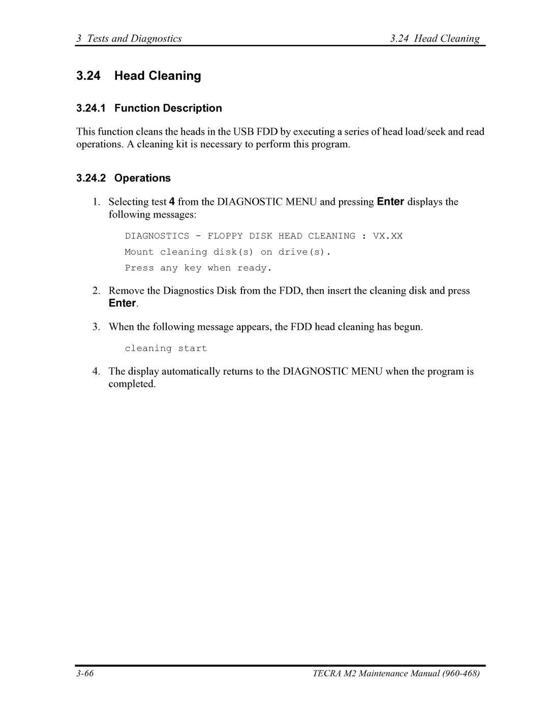 Toshiba tecra m2 manual Tests and Diagnostics Head Cleaning, Function Description, Operations 