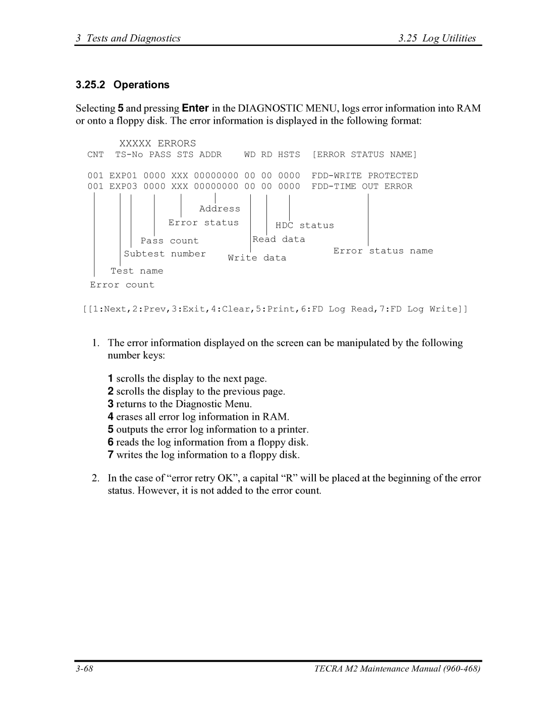 Toshiba tecra m2 manual Tests and Diagnostics Log Utilities, Xxxxx Errors 