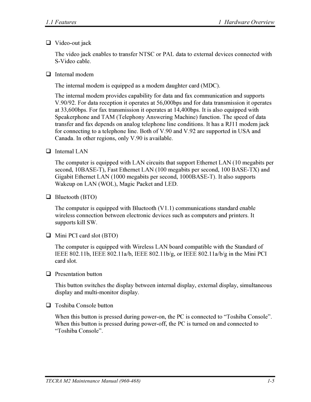 Toshiba tecra m2 manual Features Hardware Overview 