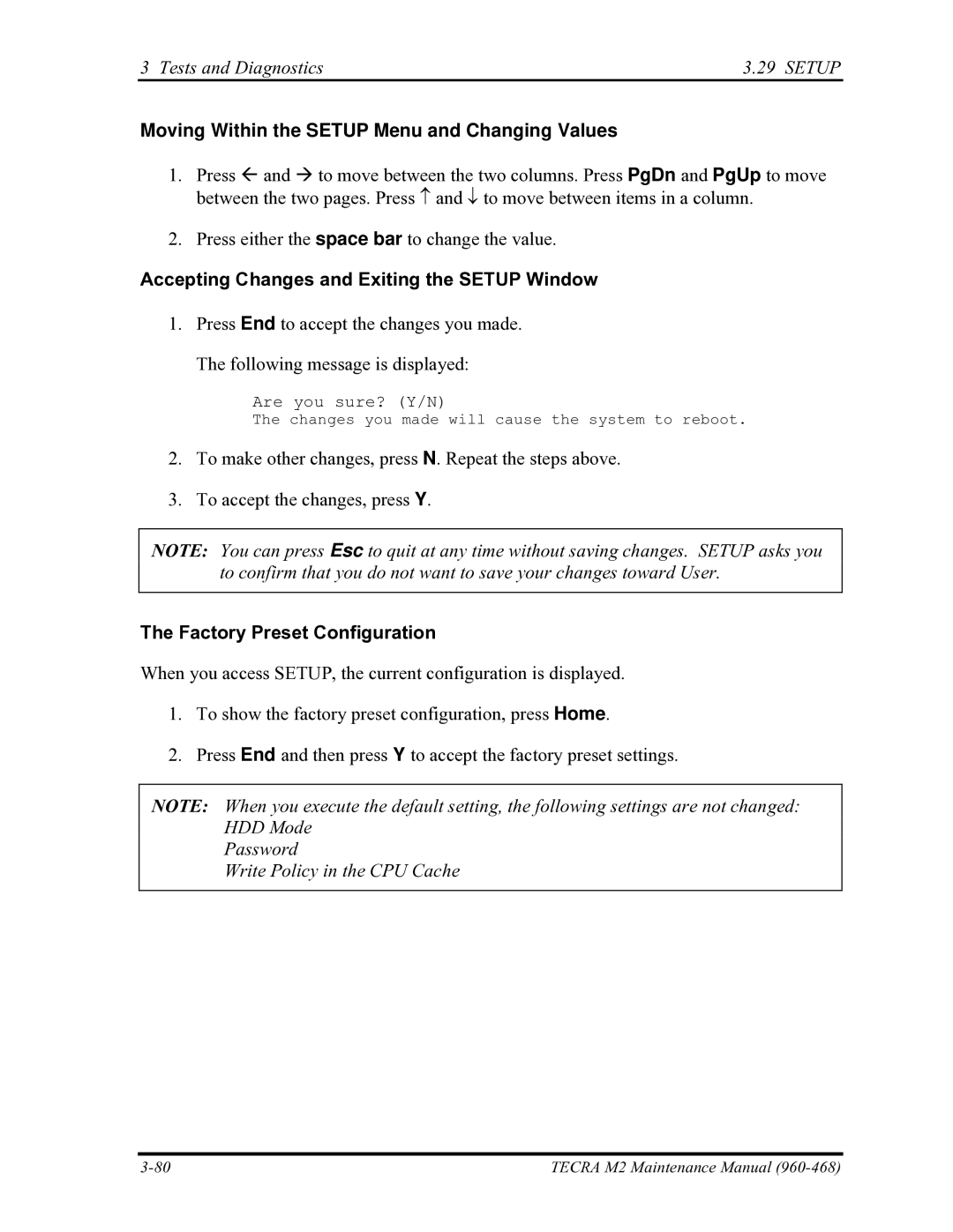 Toshiba tecra m2 manual Accepting Changes and Exiting the Setup Window, Factory Preset Configuration 