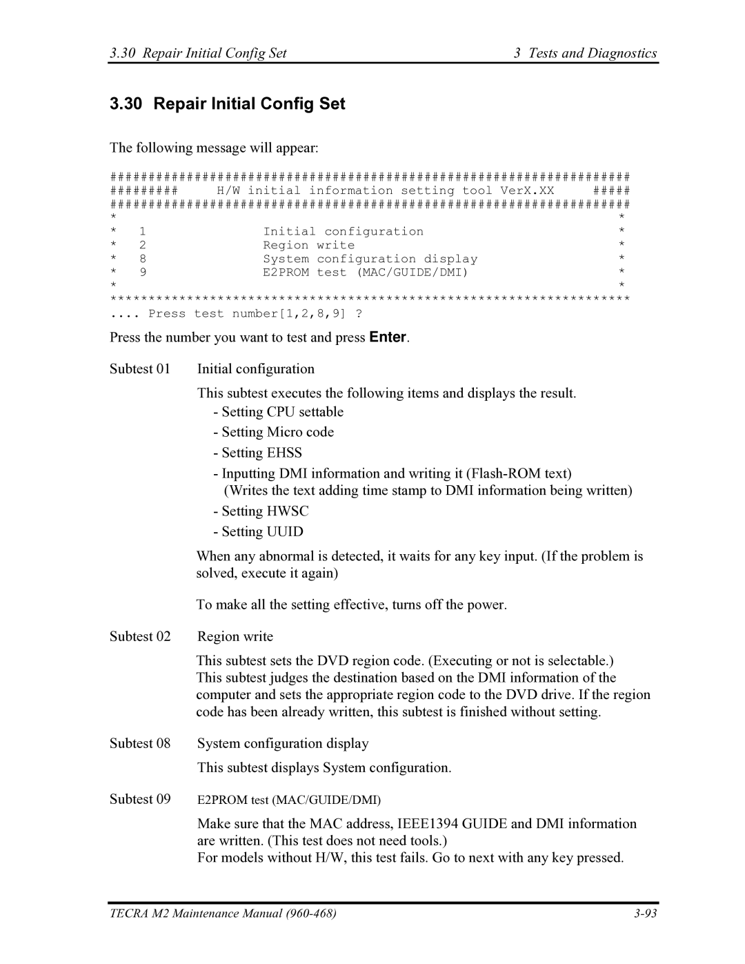 Toshiba tecra m2 manual Repair Initial Config Set Tests and Diagnostics 