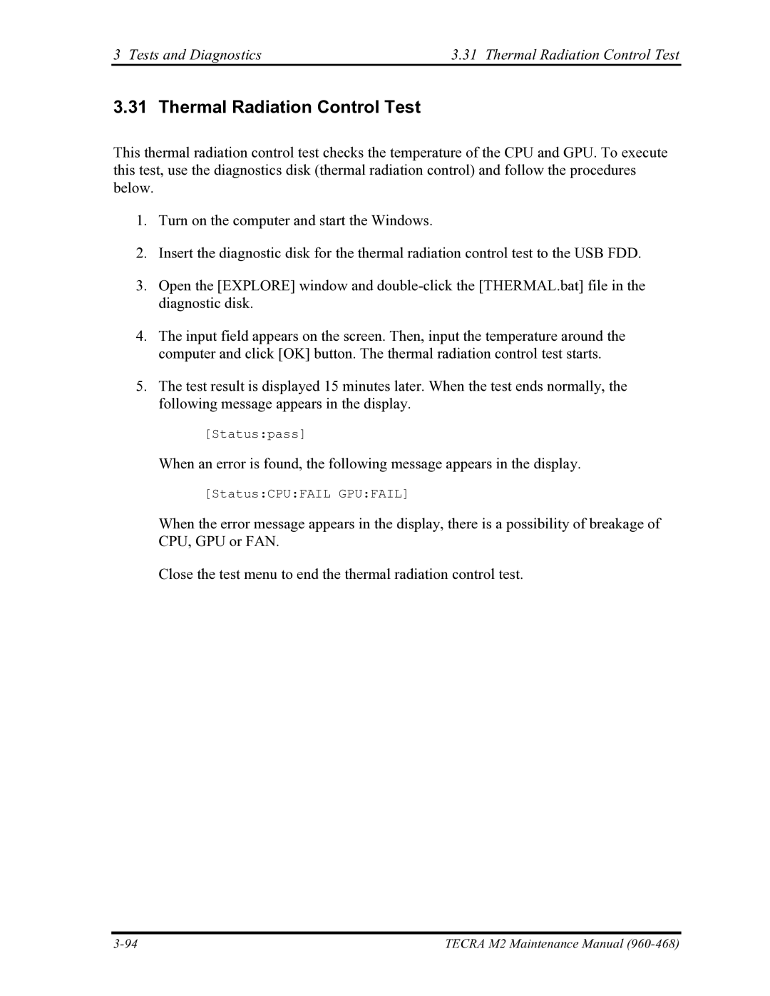 Toshiba tecra m2 manual Tests and Diagnostics Thermal Radiation Control Test 