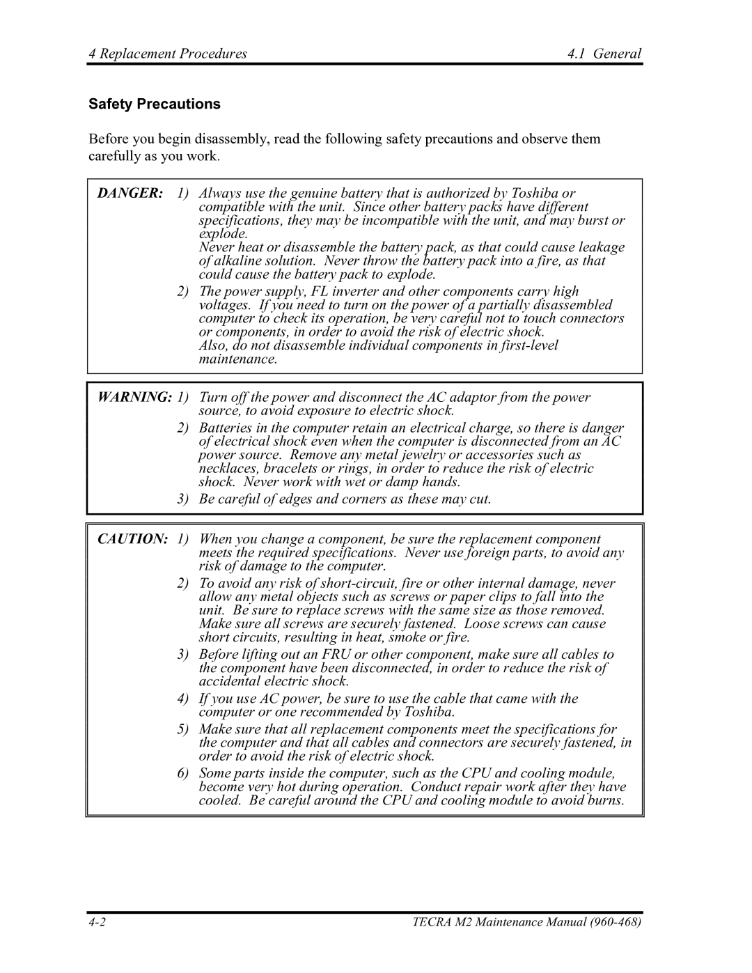 Toshiba tecra m2 manual Replacement Procedures General, Safety Precautions 