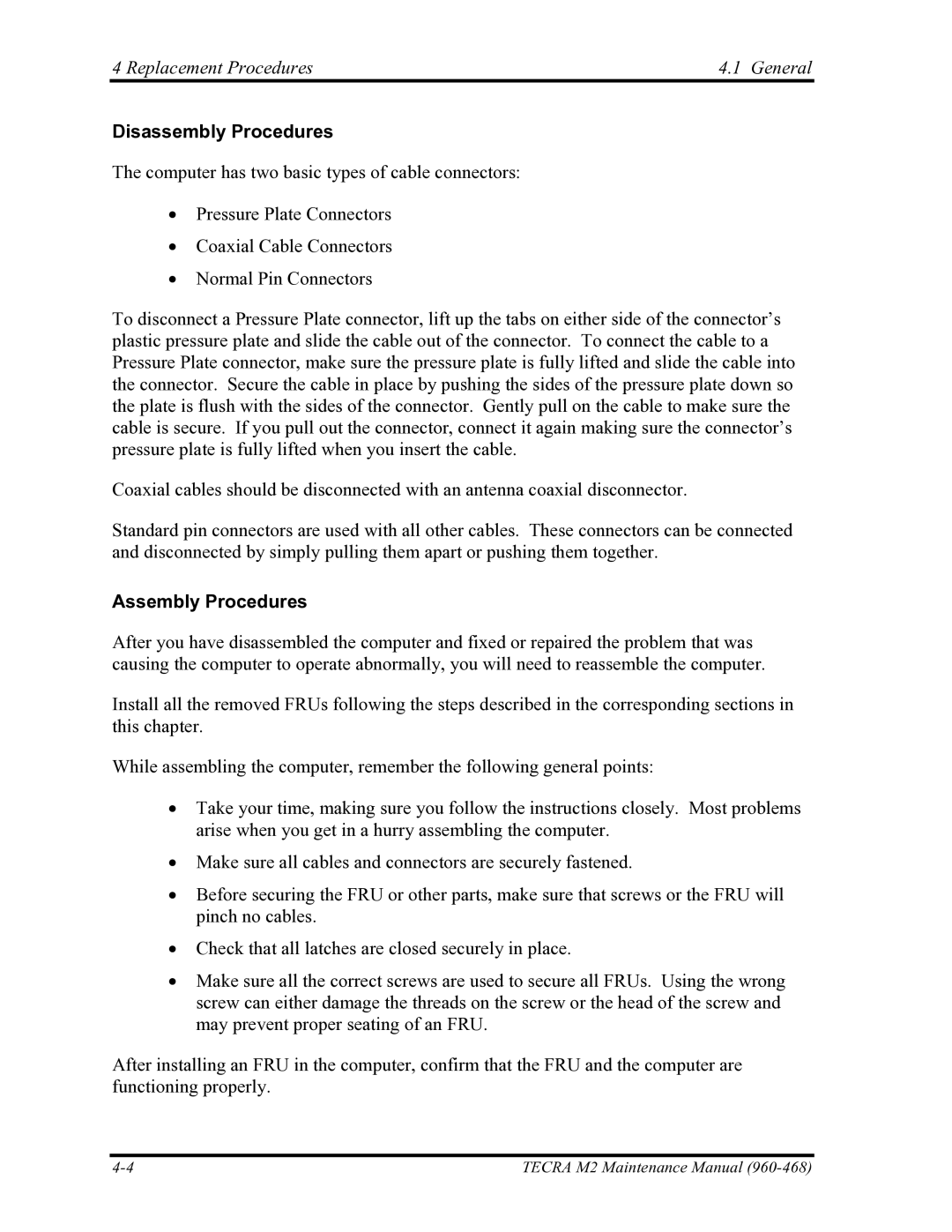 Toshiba tecra m2 manual Disassembly Procedures, Assembly Procedures 