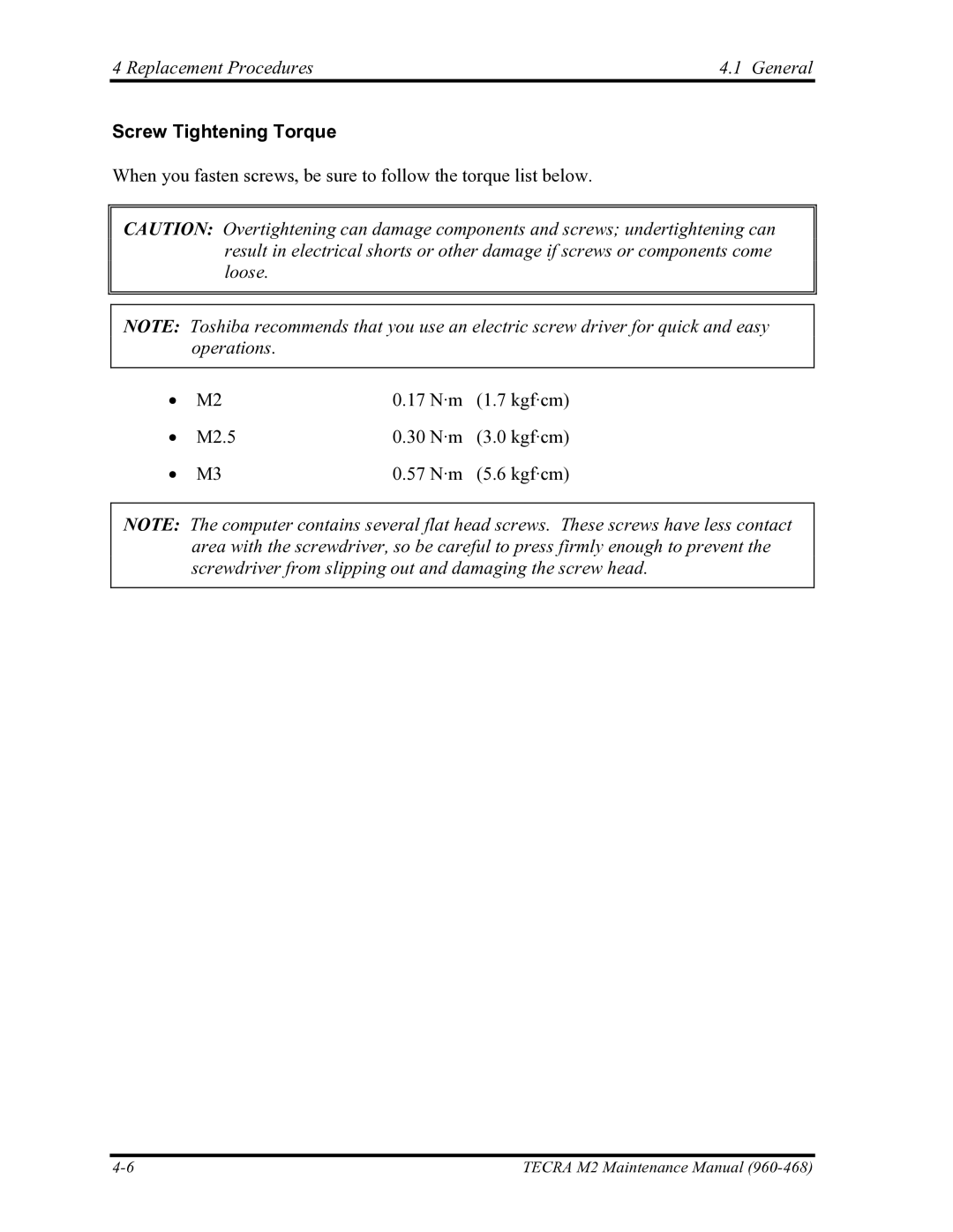 Toshiba tecra m2 manual Screw Tightening Torque 