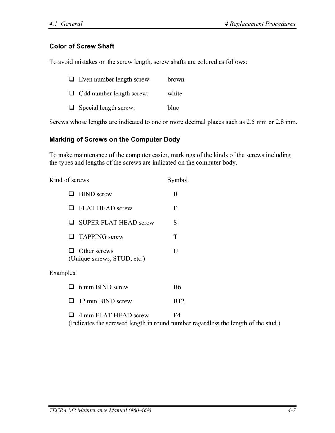 Toshiba tecra m2 manual Color of Screw Shaft, Marking of Screws on the Computer Body 