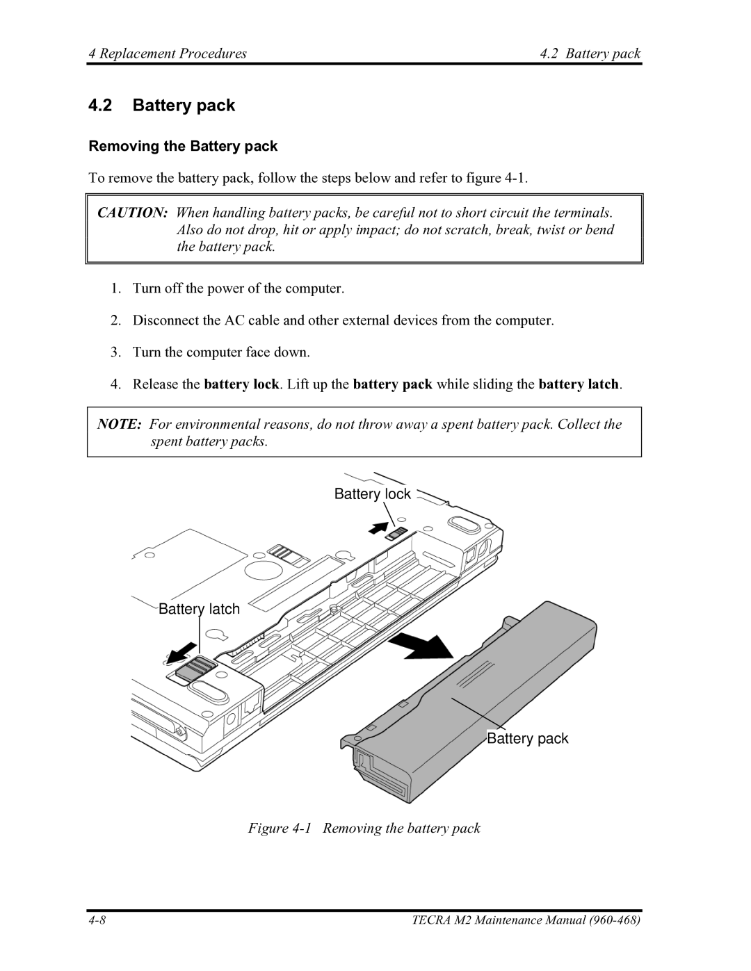 Toshiba tecra m2 manual Replacement Procedures Battery pack, Removing the Battery pack 