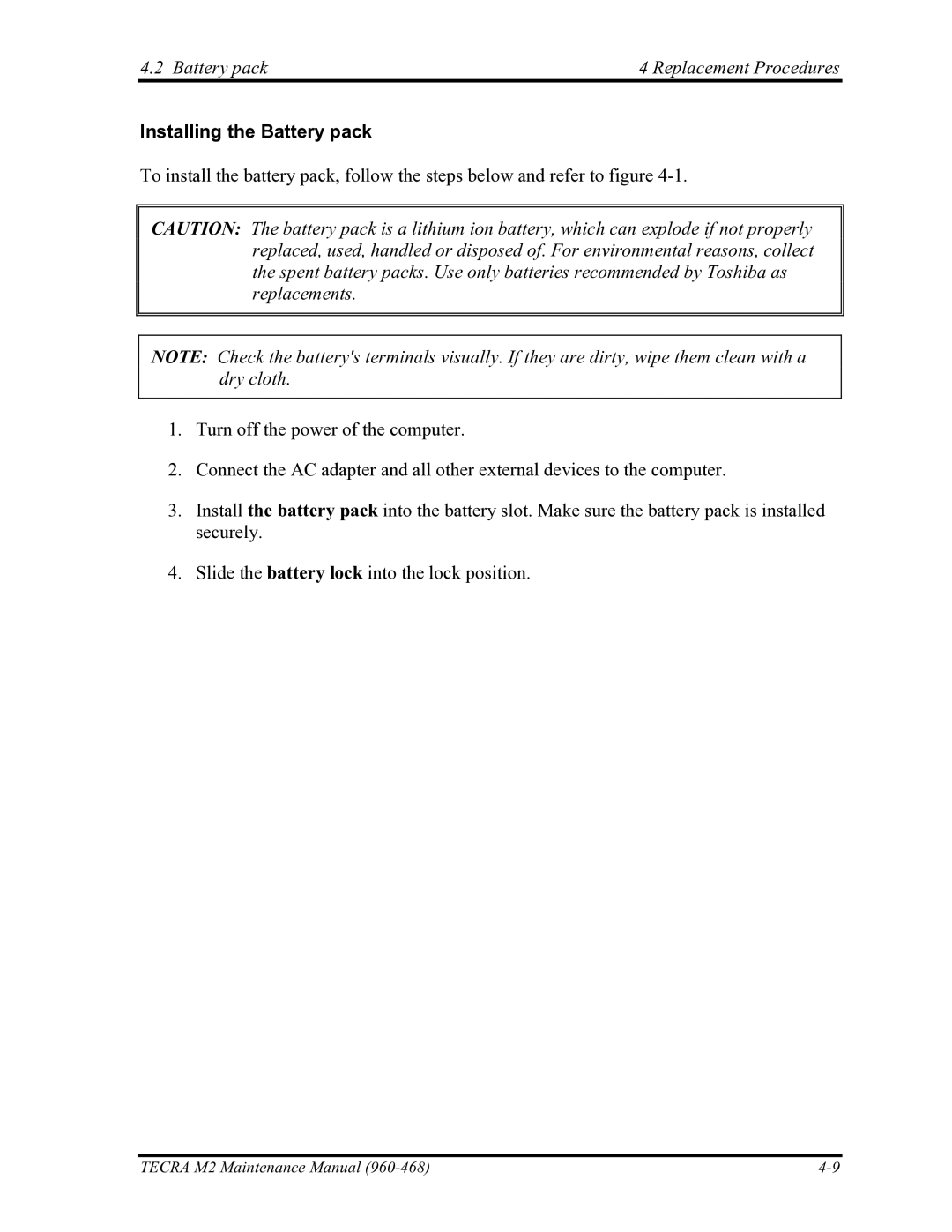 Toshiba tecra m2 manual Battery pack Replacement Procedures, Installing the Battery pack 