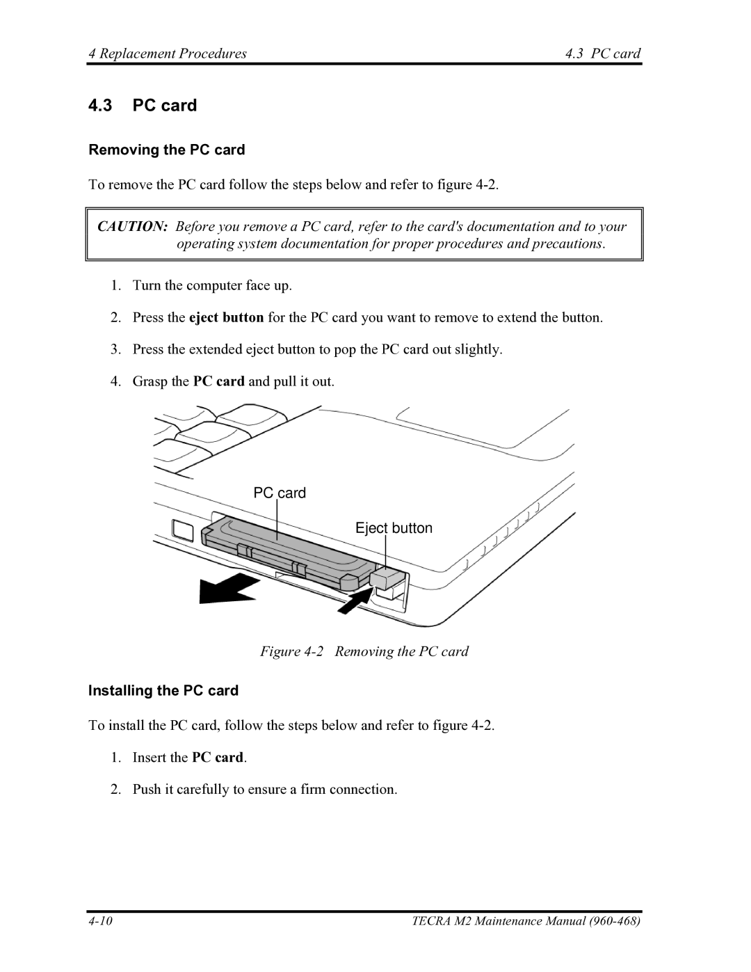 Toshiba tecra m2 Replacement Procedures PC card, Removing the PC card, PC card Eject button, Installing the PC card 