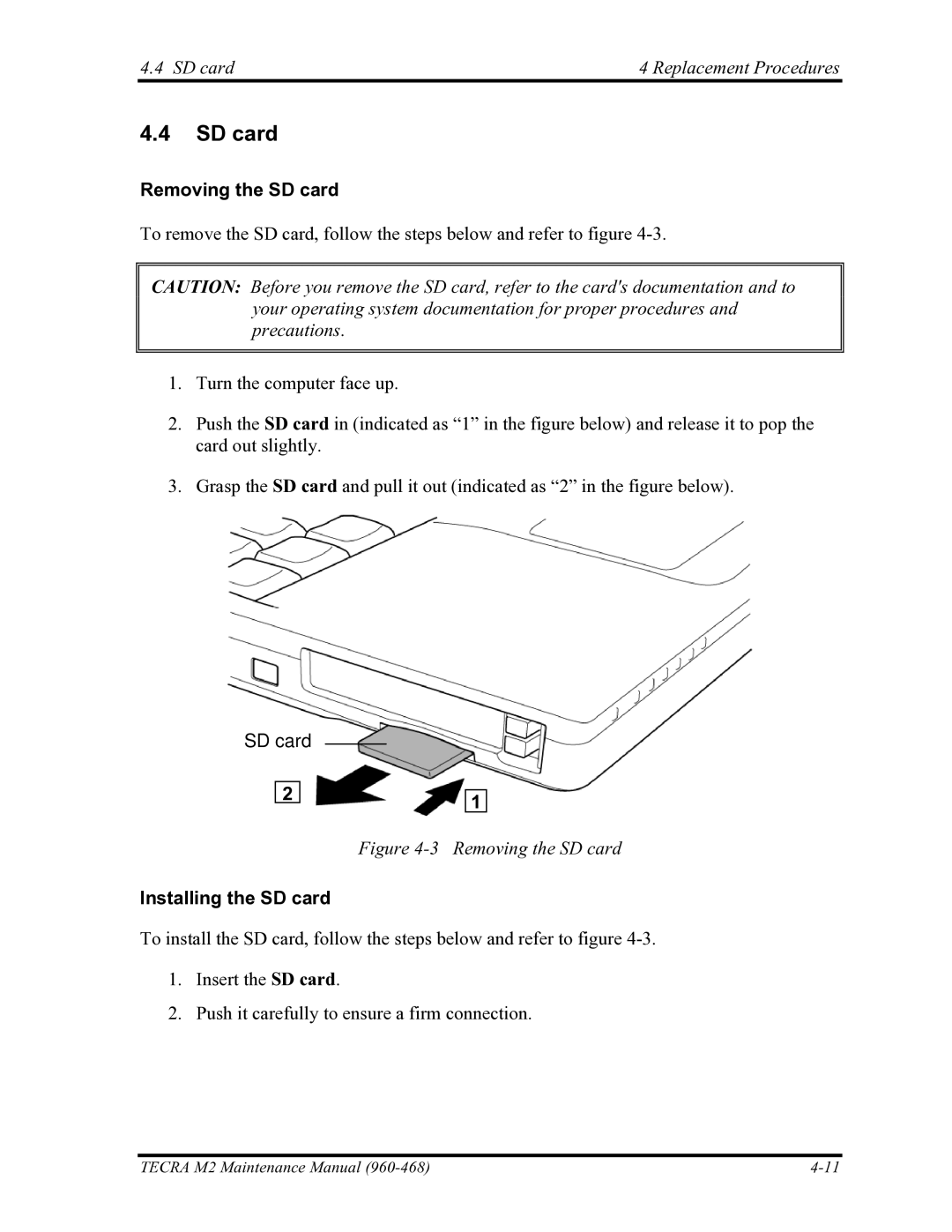 Toshiba tecra m2 manual SD card Replacement Procedures, Removing the SD card, Installing the SD card 