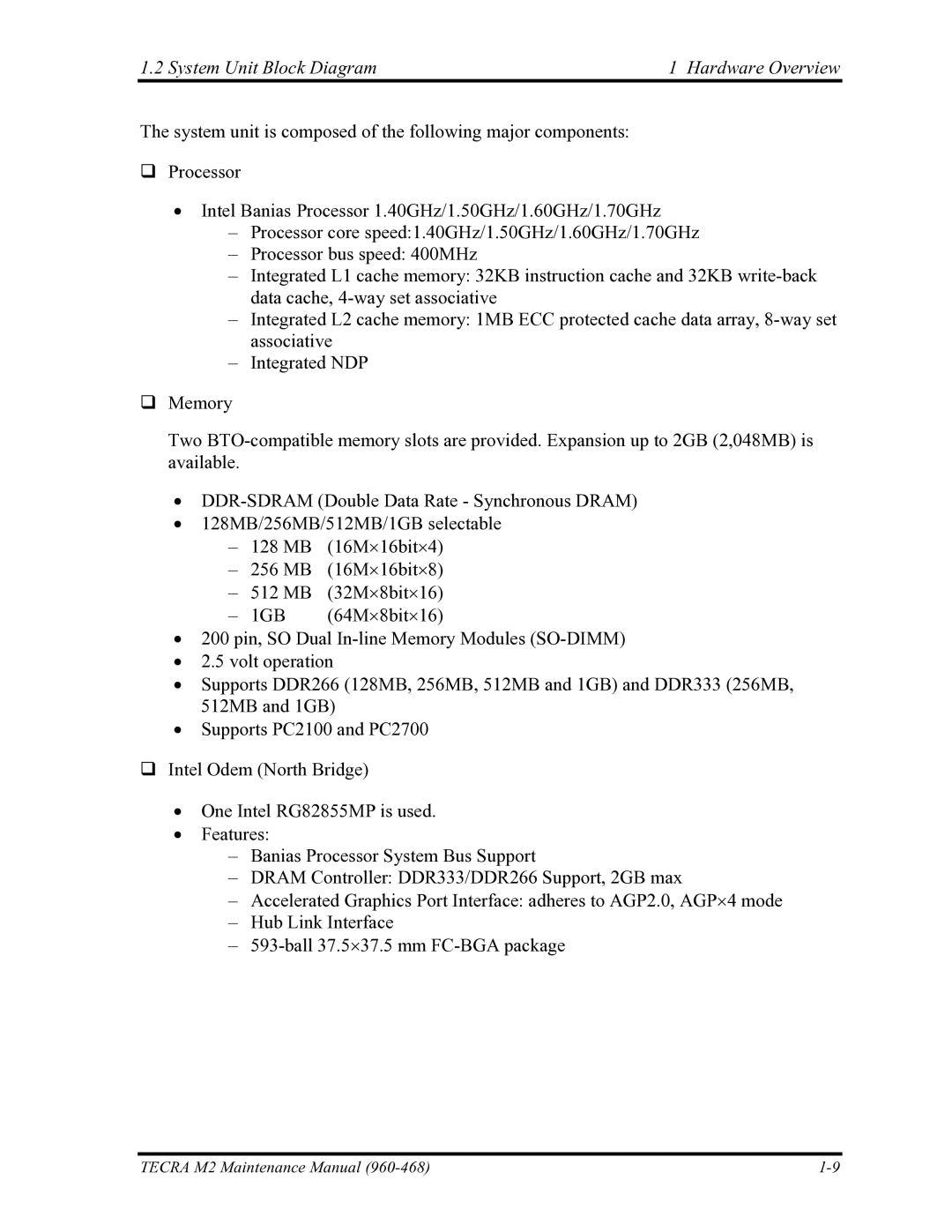 Toshiba tecra m2 manual System Unit Block Diagram Hardware Overview 