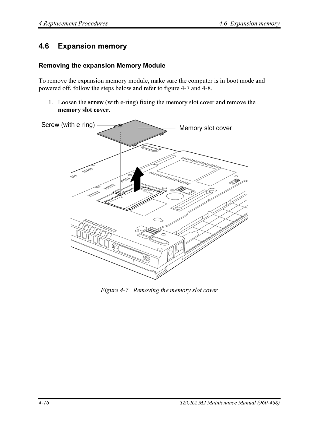 Toshiba tecra m2 manual Replacement Procedures Expansion memory, Removing the expansion Memory Module 