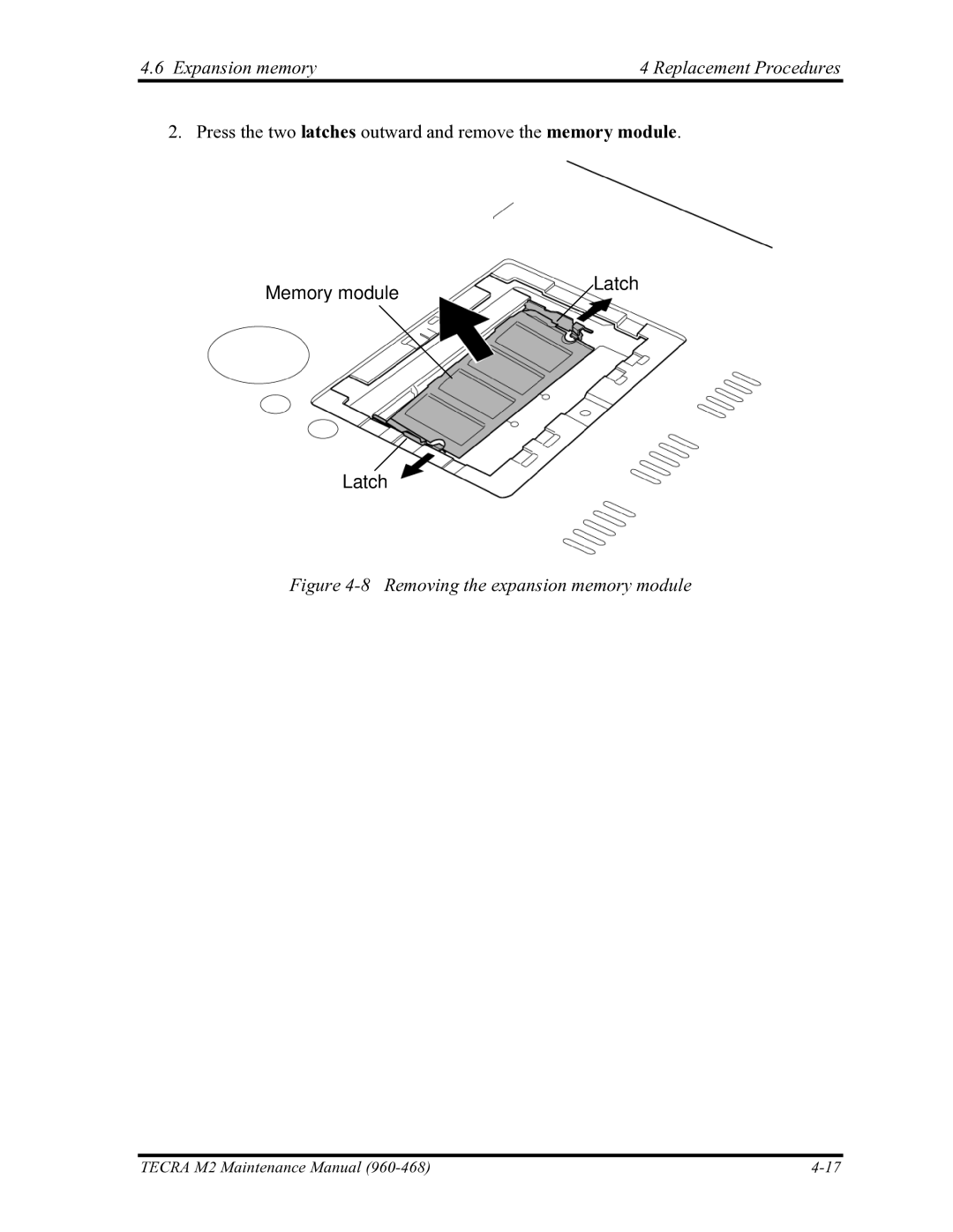 Toshiba tecra m2 manual Expansion memory Replacement Procedures, Latch, Memory module 