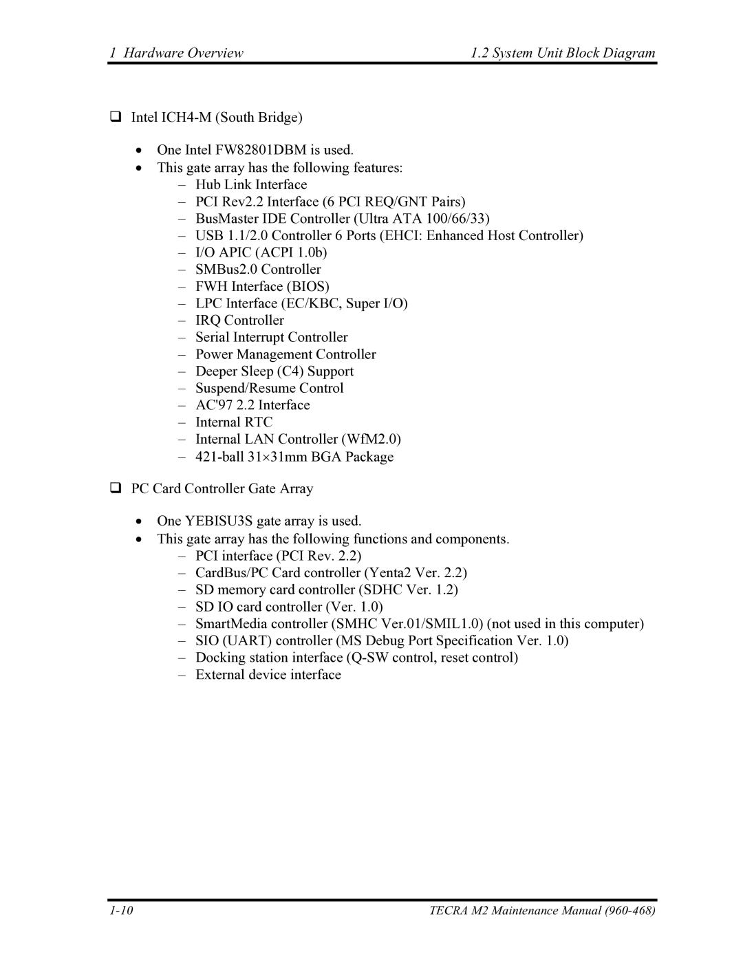 Toshiba tecra m2 manual Hardware Overview System Unit Block Diagram 