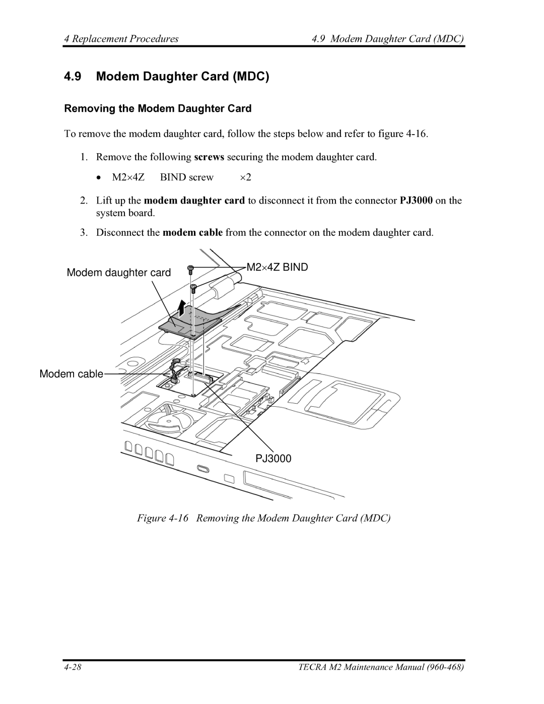 Toshiba tecra m2 Replacement Procedures Modem Daughter Card MDC, Removing the Modem Daughter Card, Modem daughter card 