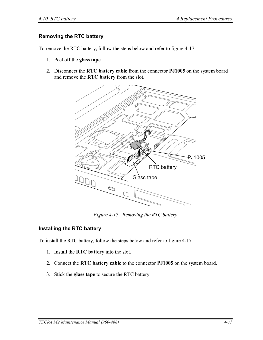 Toshiba tecra m2 manual RTC battery Replacement Procedures, Removing the RTC battery, PJ1005 RTC battery Glass tape 