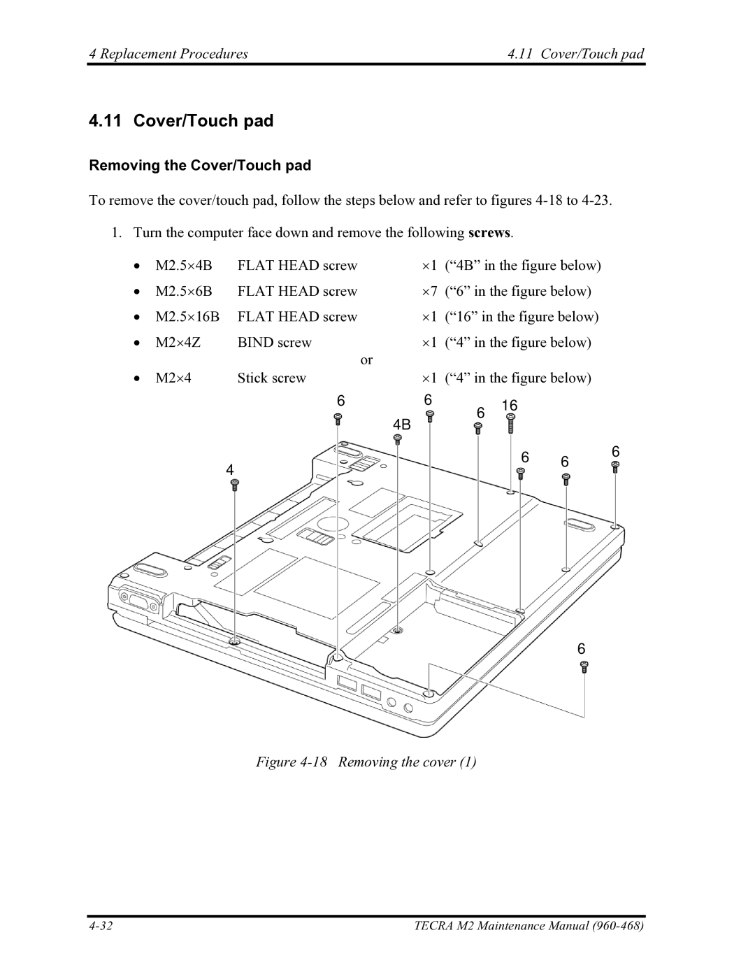 Toshiba tecra m2 manual Replacement Procedures Cover/Touch pad, Removing the Cover/Touch pad 