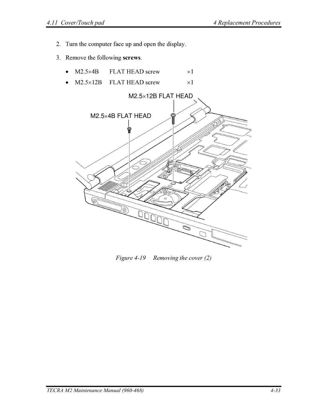 Toshiba tecra m2 manual Cover/Touch pad Replacement Procedures, Removing the cover 